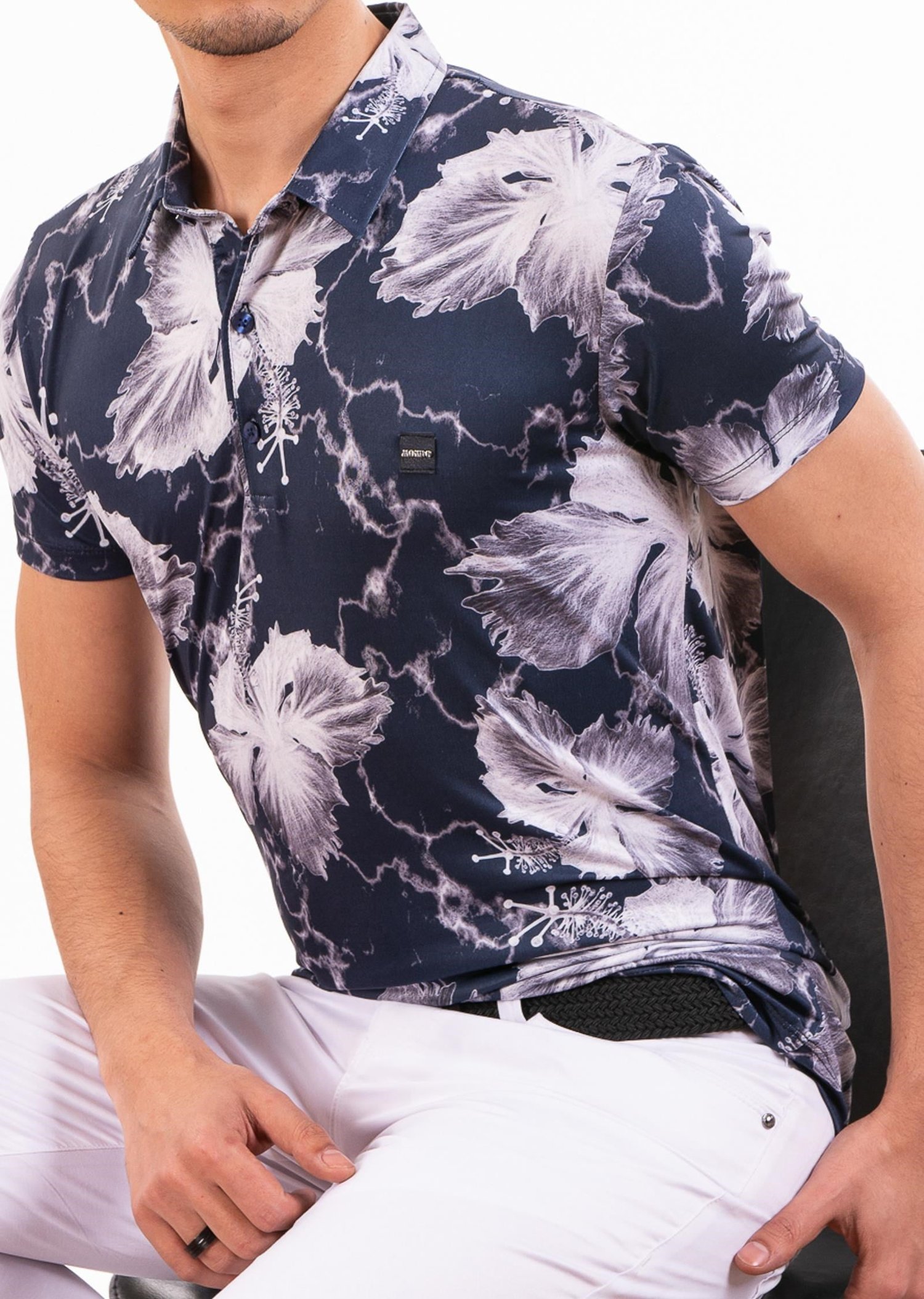 Lacivert Gri Çiçek Desenli Polo Yaka T-Shirt
