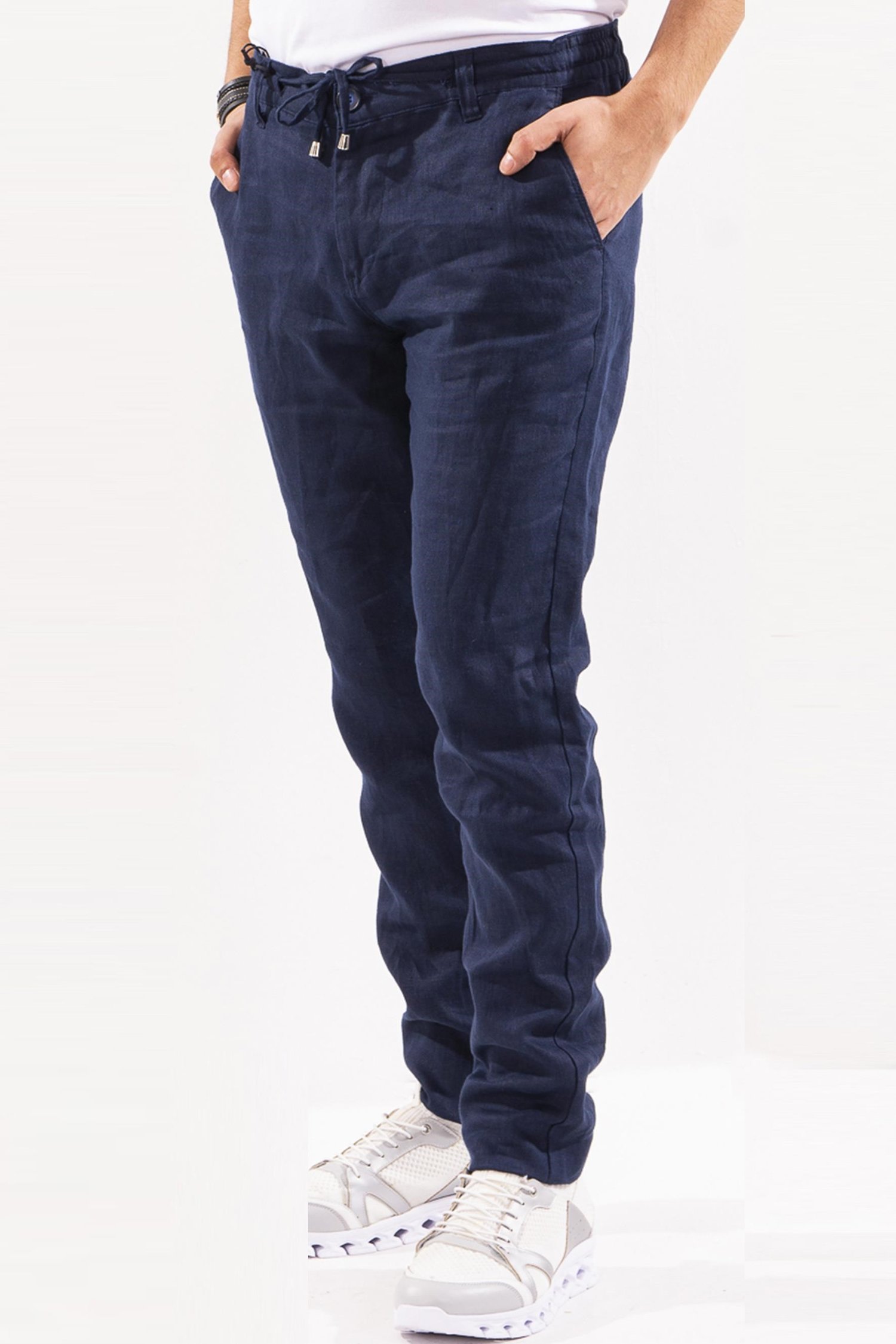 Lacivert İpli Keten Pantolon