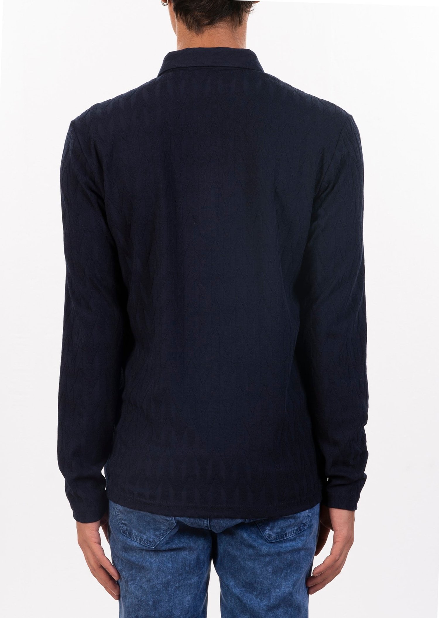 Lacivert Polo Yaka Pamuklu Jakarlı Sweatshirt