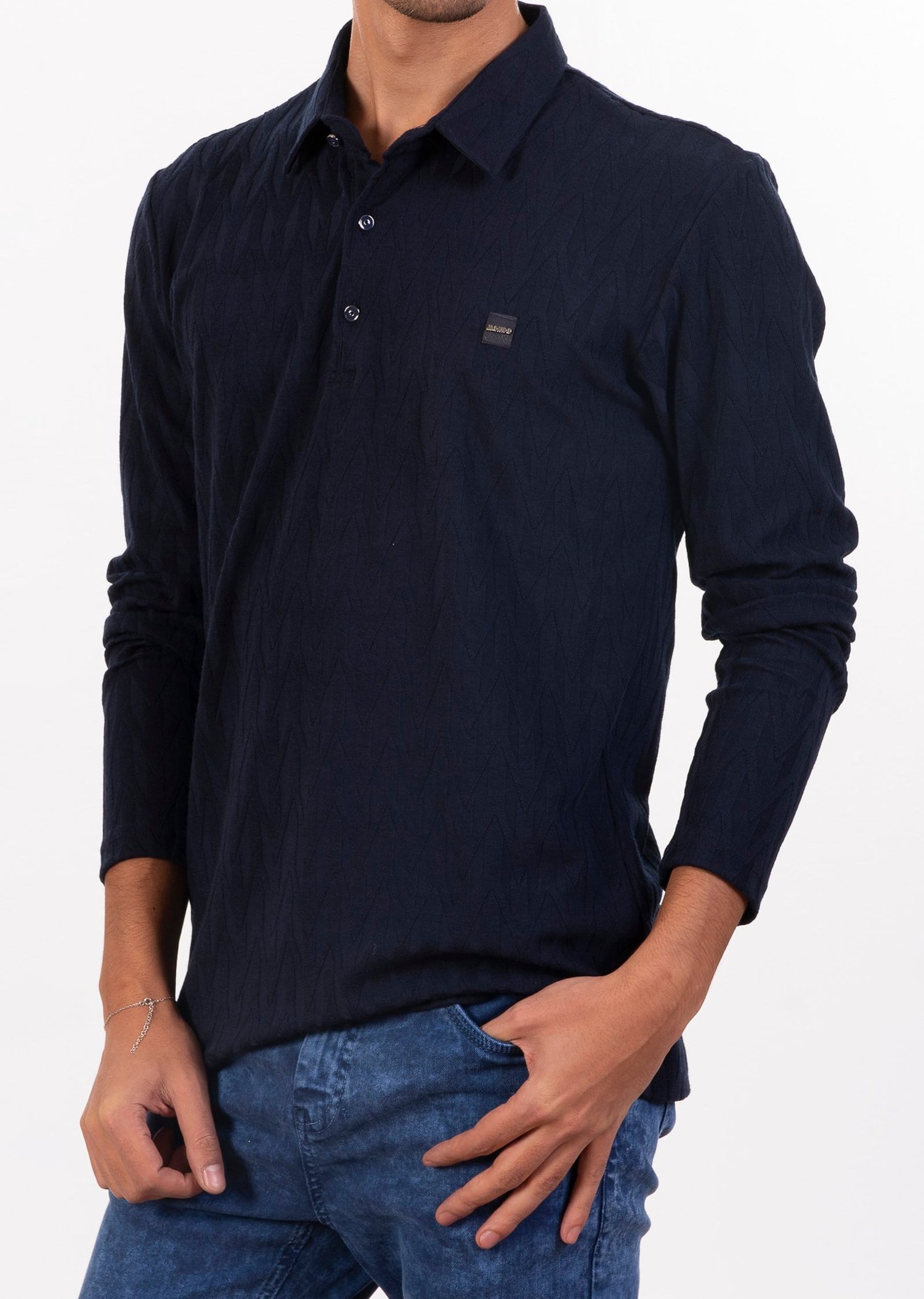Lacivert Polo Yaka Pamuklu Jakarlı Sweatshirt