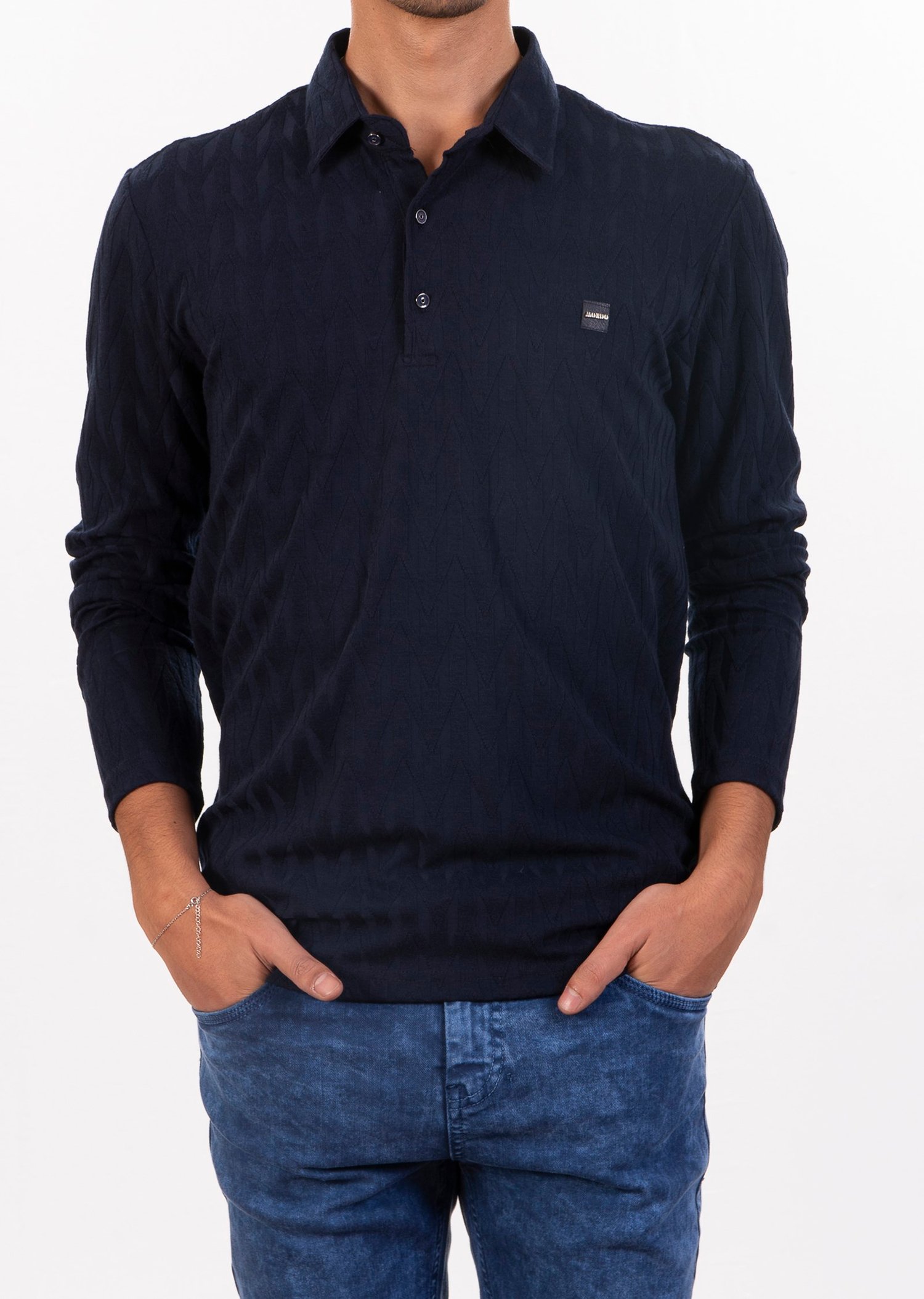 Lacivert Polo Yaka Pamuklu Jakarlı Sweatshirt