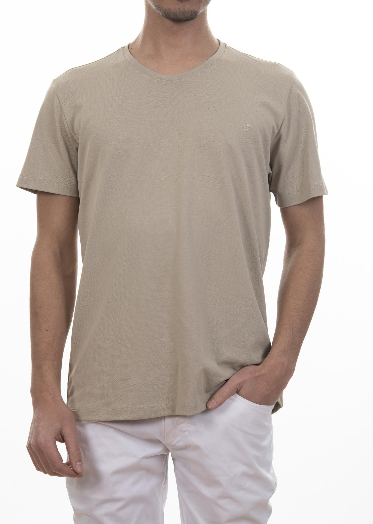 Logo Nakışlı Koyu Bej Basic T-Shirt
