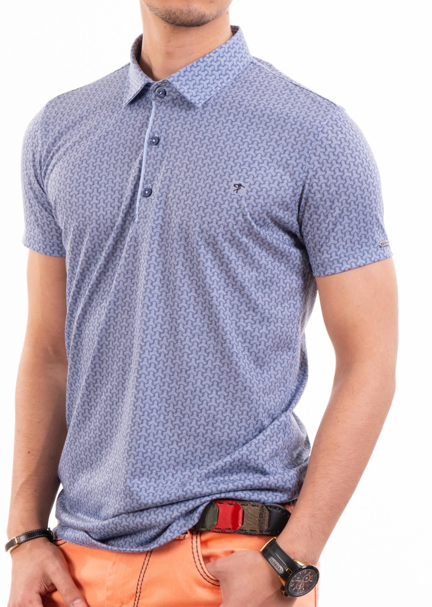 Mavi Örgü Desenli Polo Yaka T-Shirt