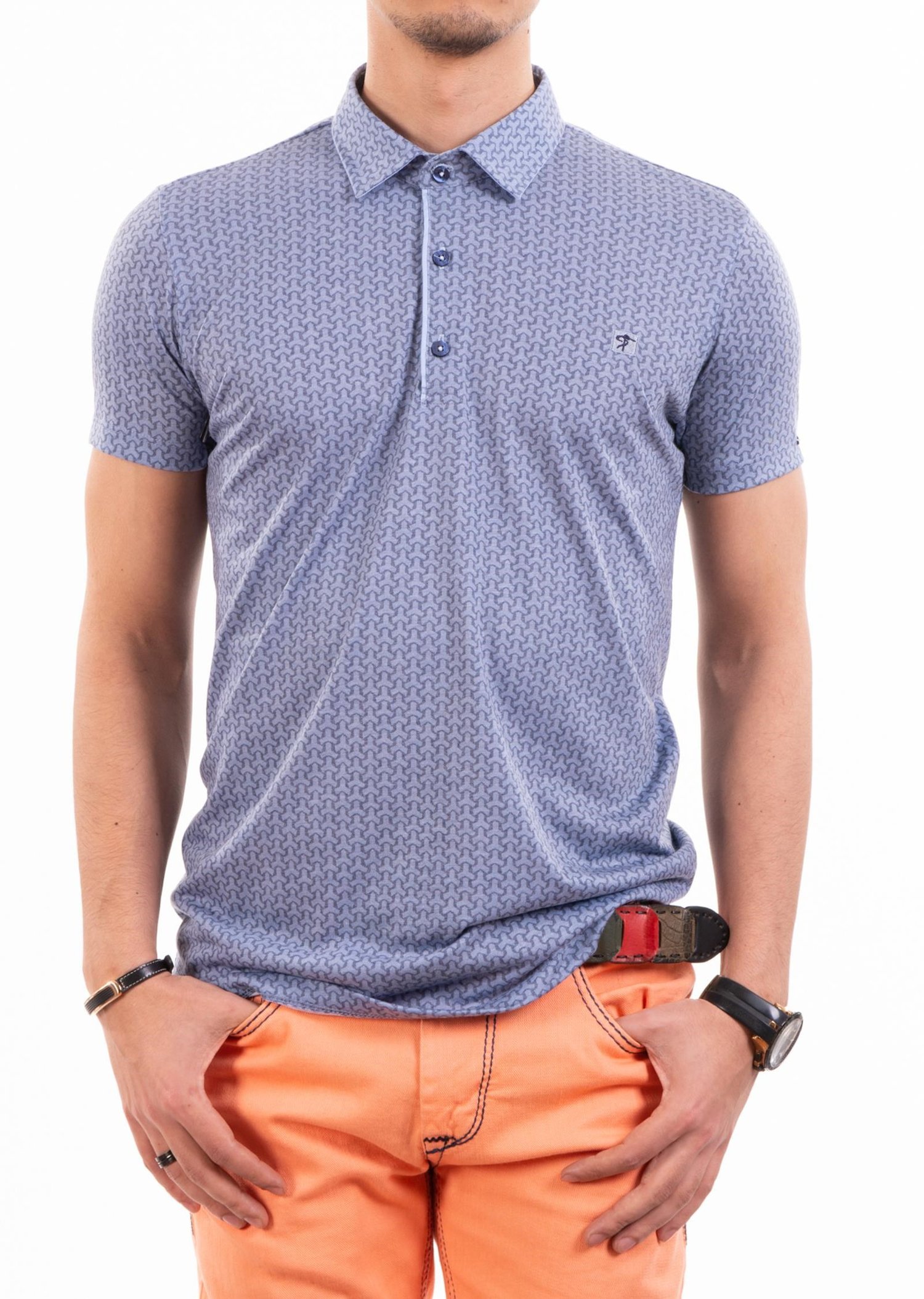 Mavi Örgü Desenli Polo Yaka T-Shirt