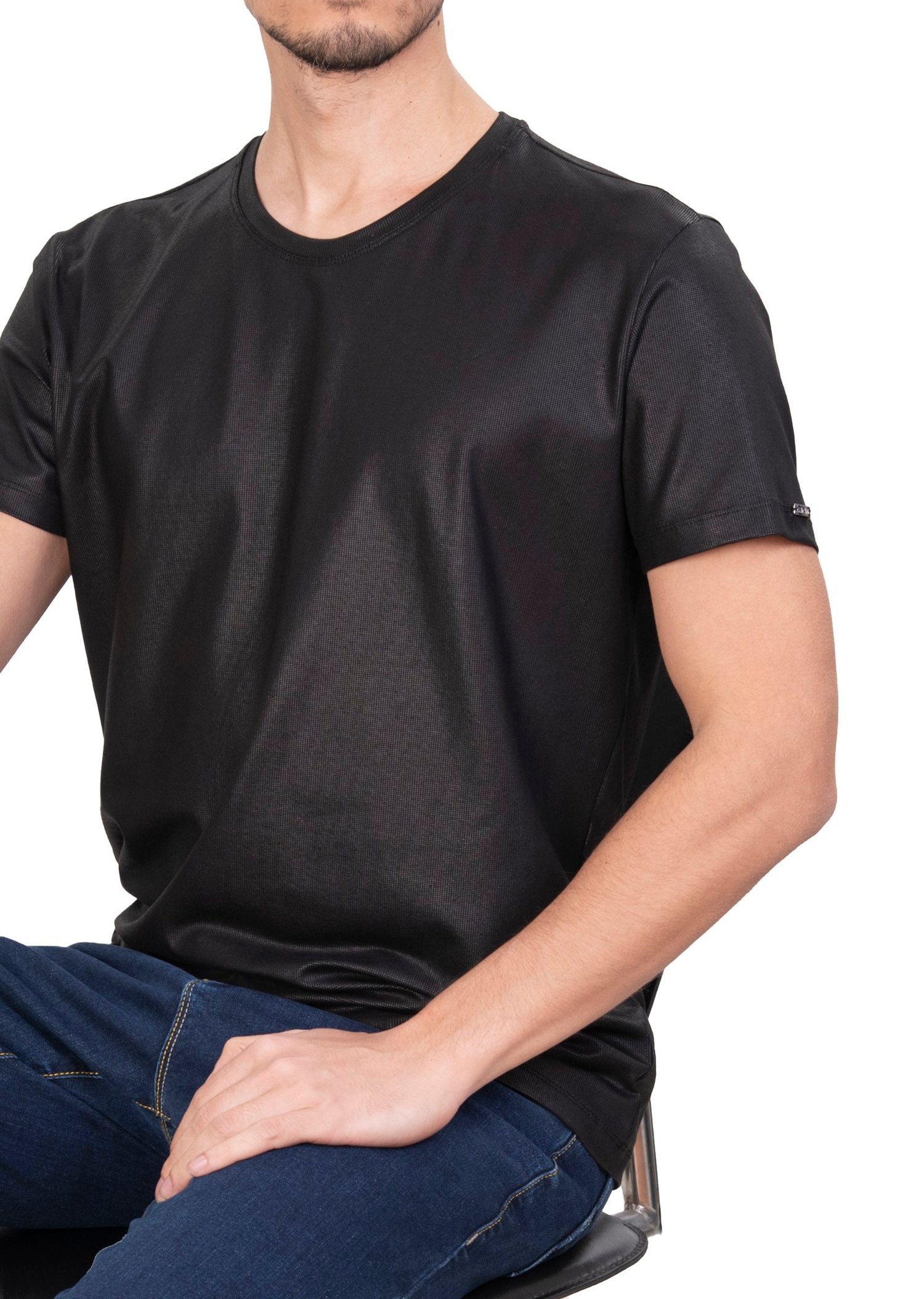 Mondo Parlak Siyah Bisiklet Yaka T-Shirt