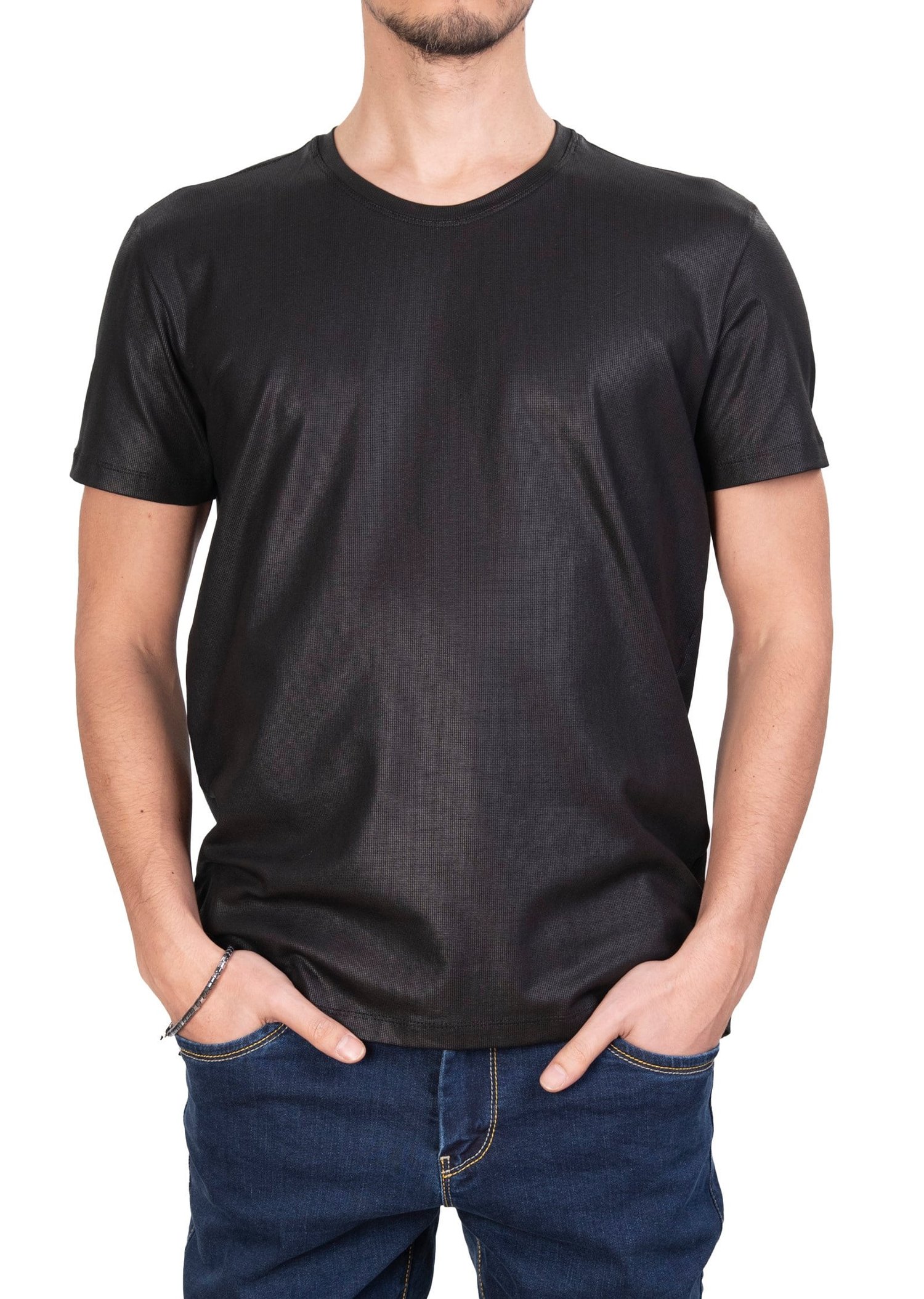Mondo Parlak Siyah Bisiklet Yaka T-Shirt