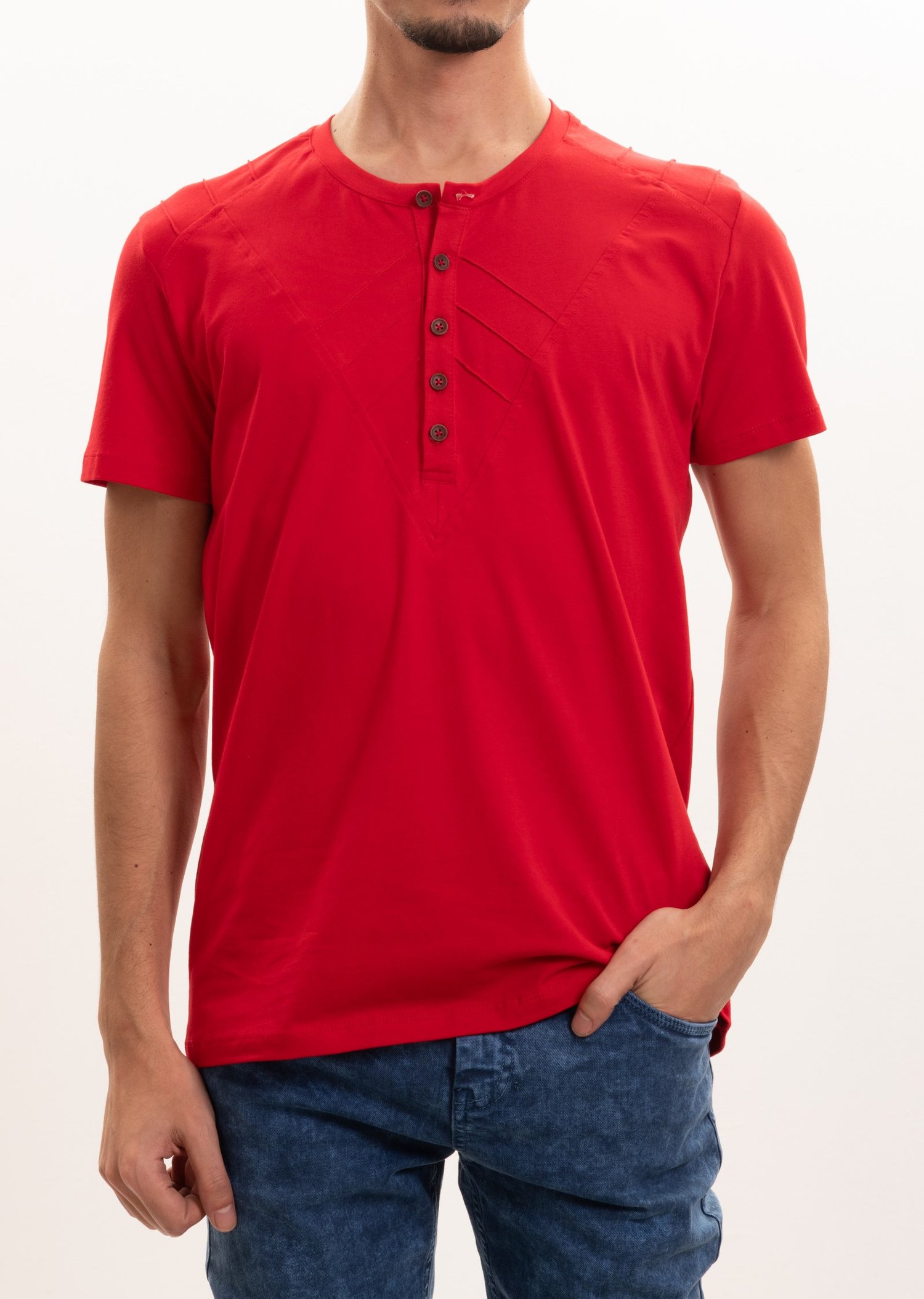 Nervürlü Düğmeli Yaka T-Shirt