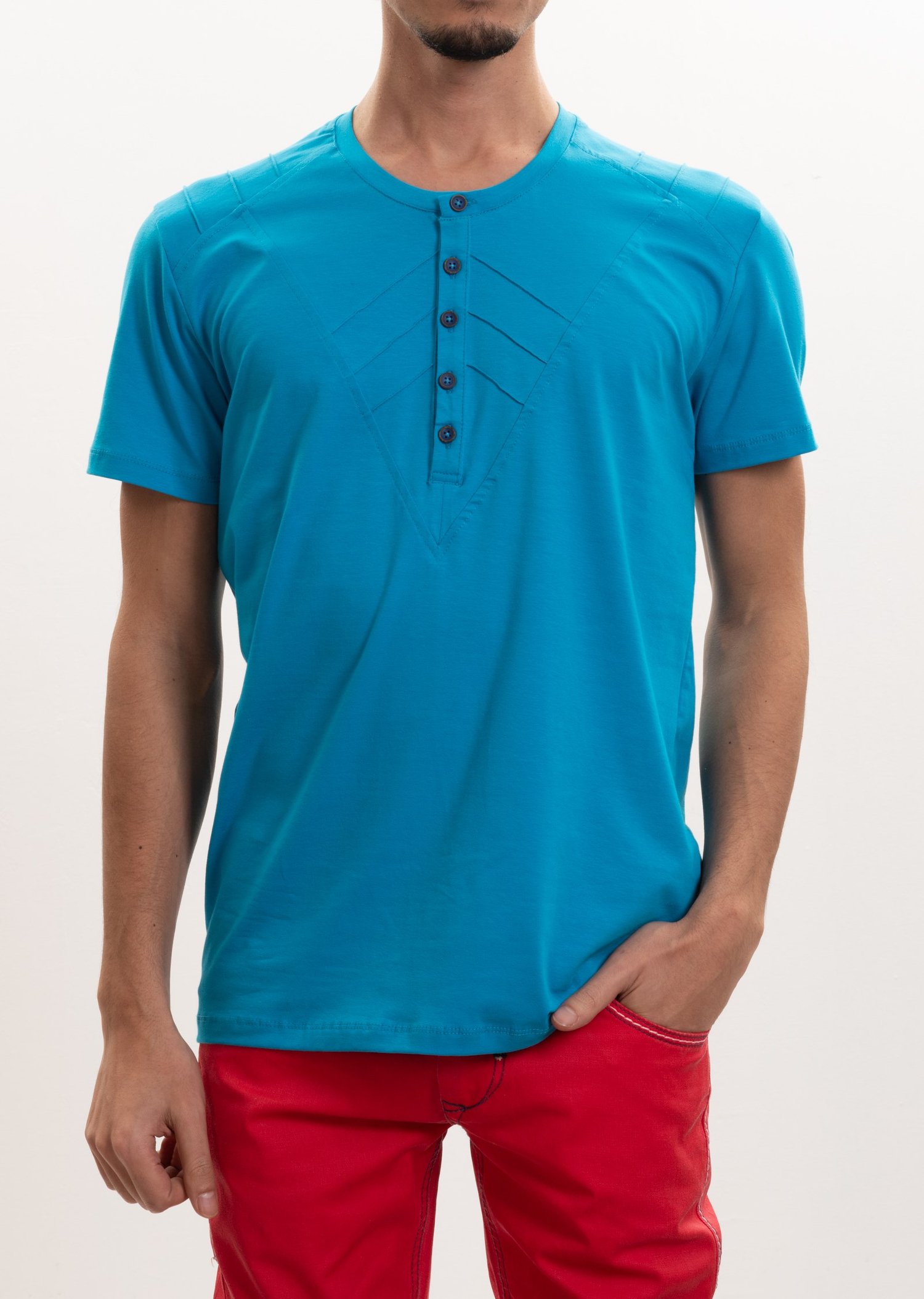 Nervürlü Düğmeli Yaka T-Shirt