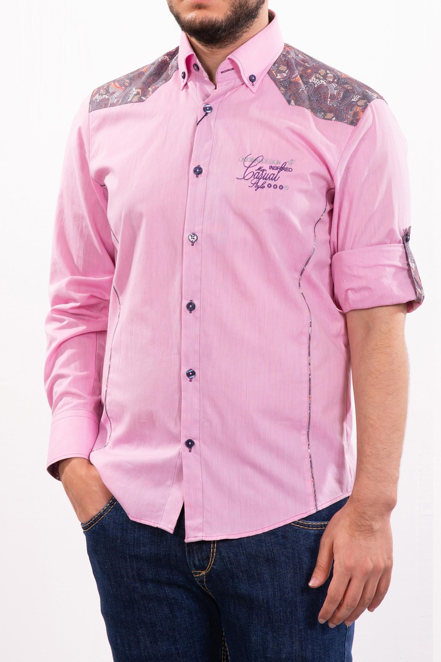 Pembe Omuzları Etnik Desen Garnili Göğsü Nakışlı Gömlek