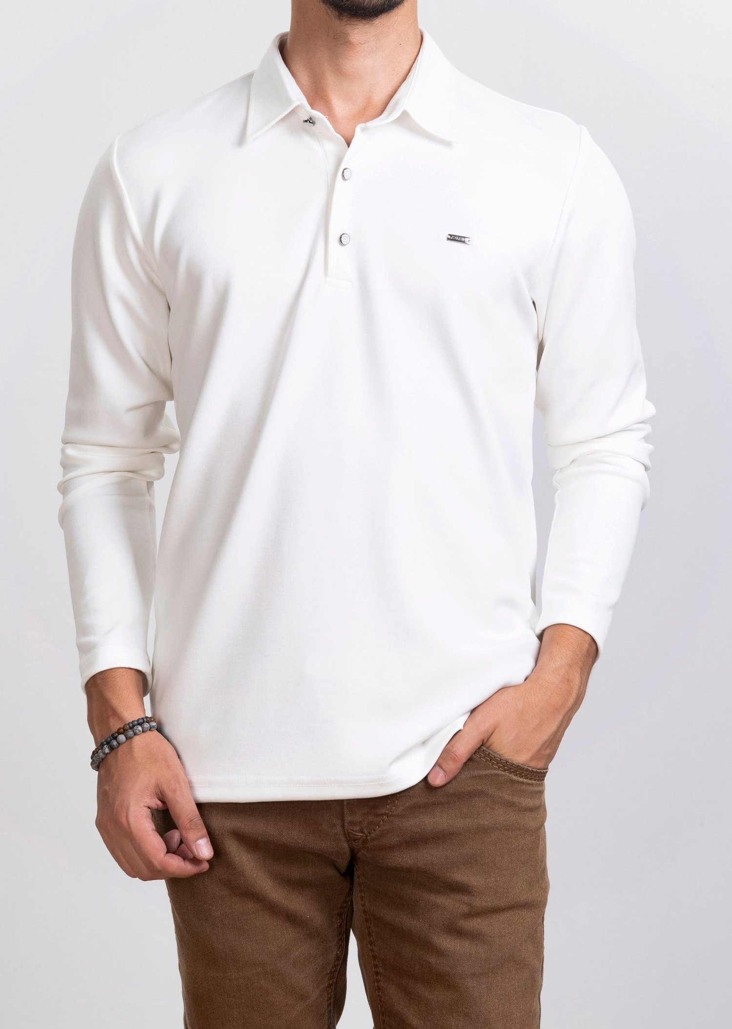 Polo Yaka Beyaz Sweatshirt
