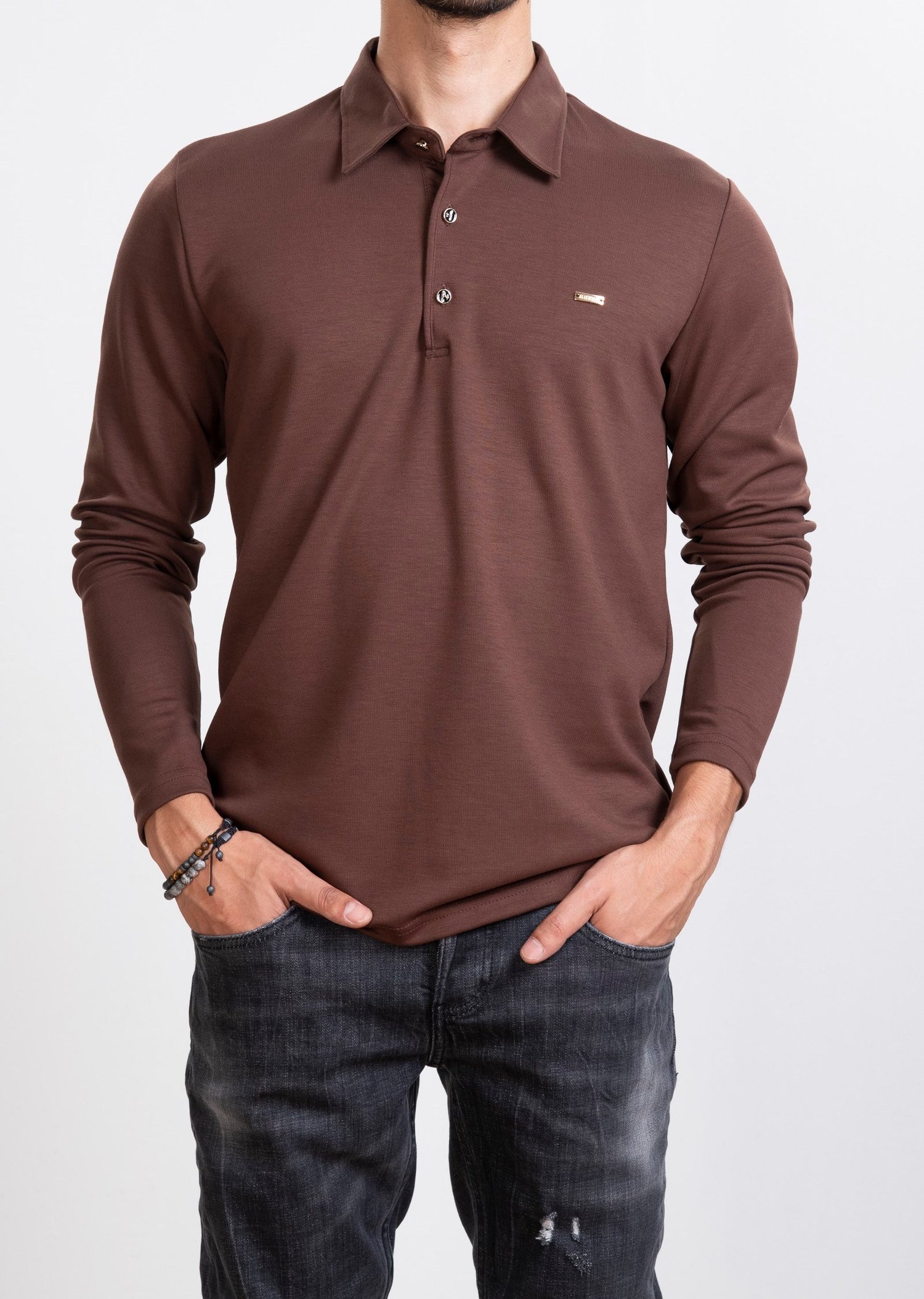Polo Yaka Kahverengi Sweatshirt