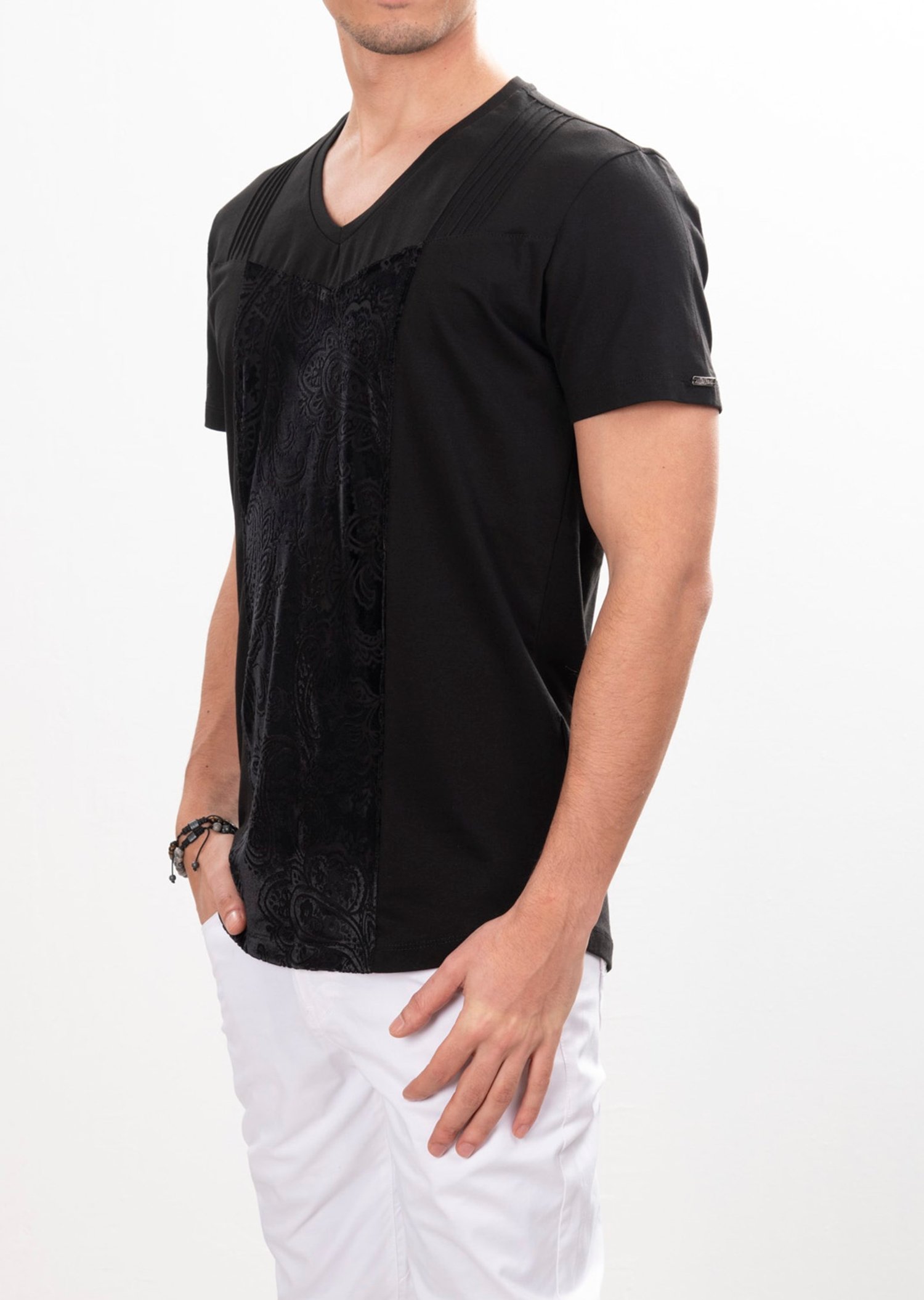 Şal Desen Garnili V Yaka T-Shirt