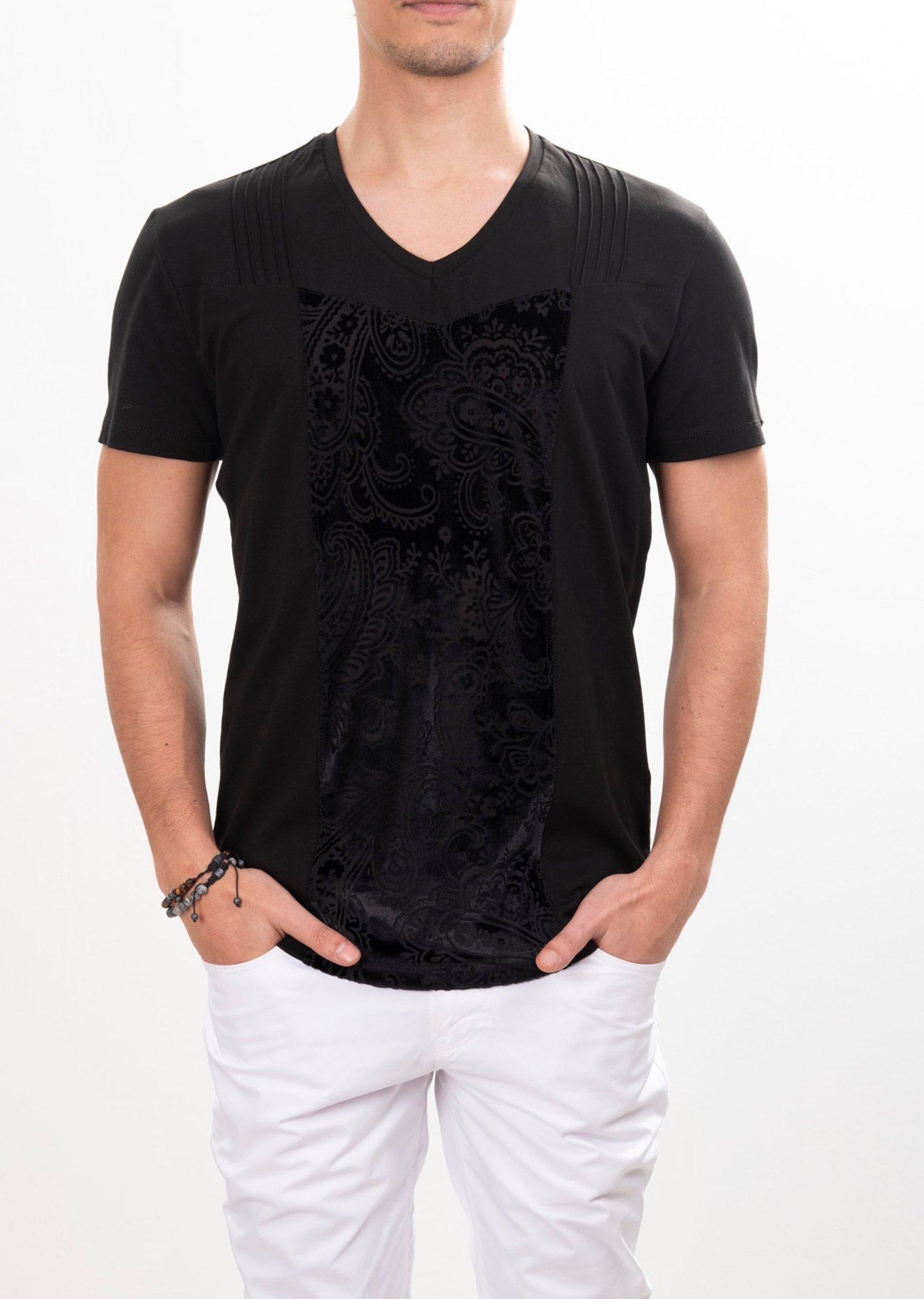 Şal Desen Garnili V Yaka T-Shirt