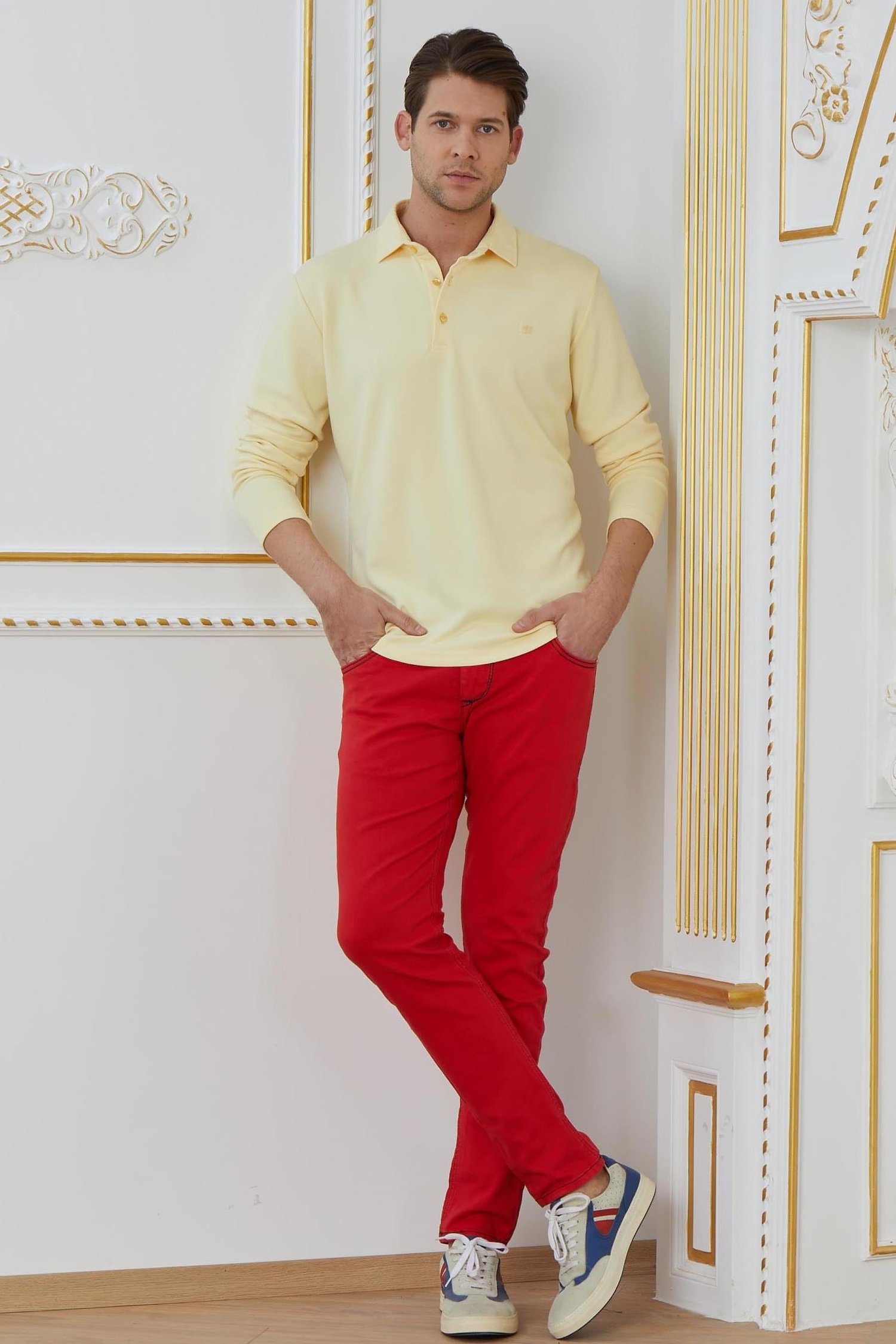 Sarı Basic Polo Yaka Sweatshirt