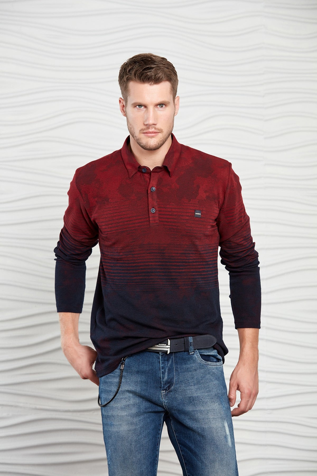 Siyah-Antrasit Renk Geçişli Çizgili Polo Yaka Sweatshirt