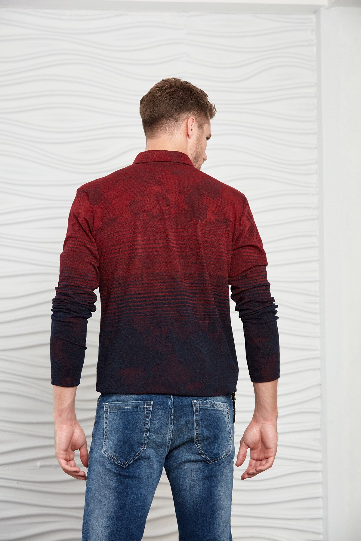 Siyah-Antrasit Renk Geçişli Çizgili Polo Yaka Sweatshirt
