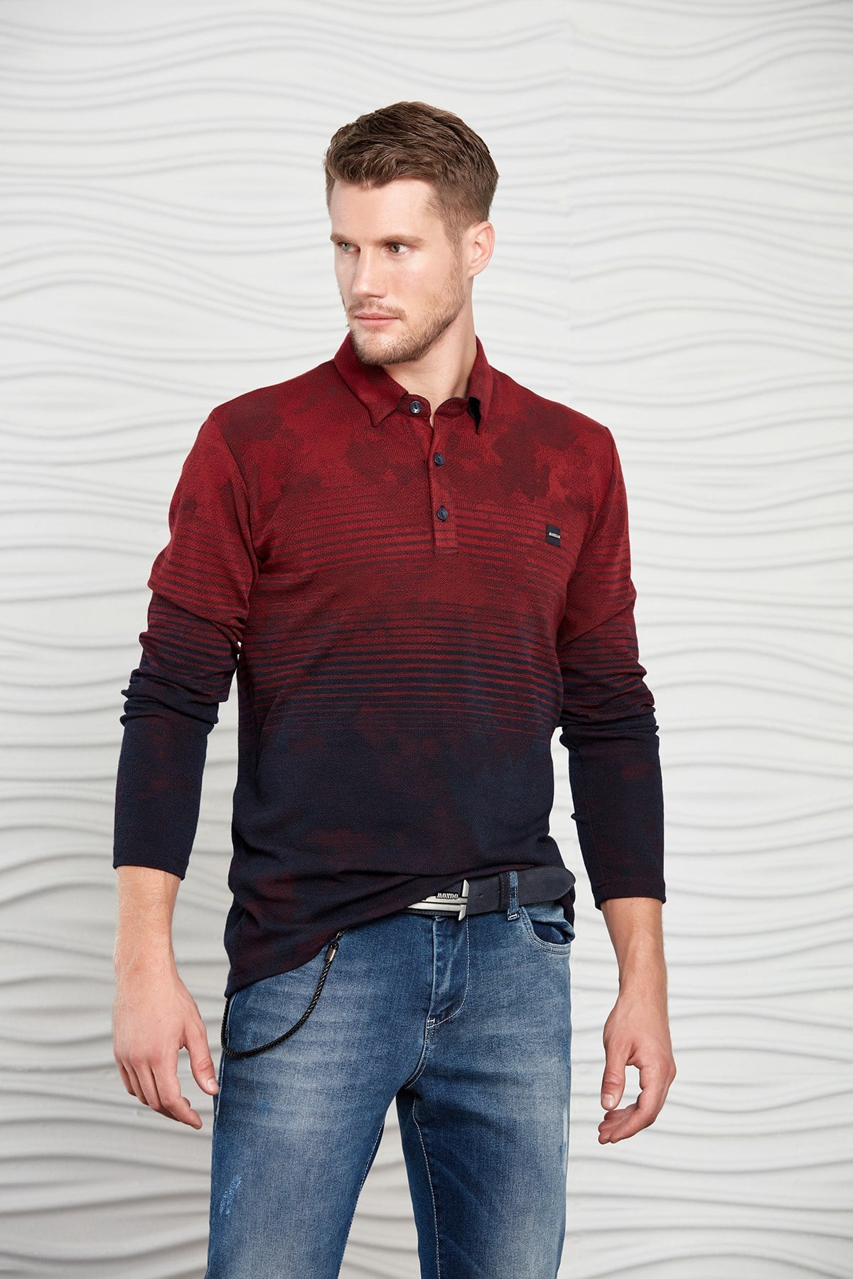 Siyah-Antrasit Renk Geçişli Çizgili Polo Yaka Sweatshirt