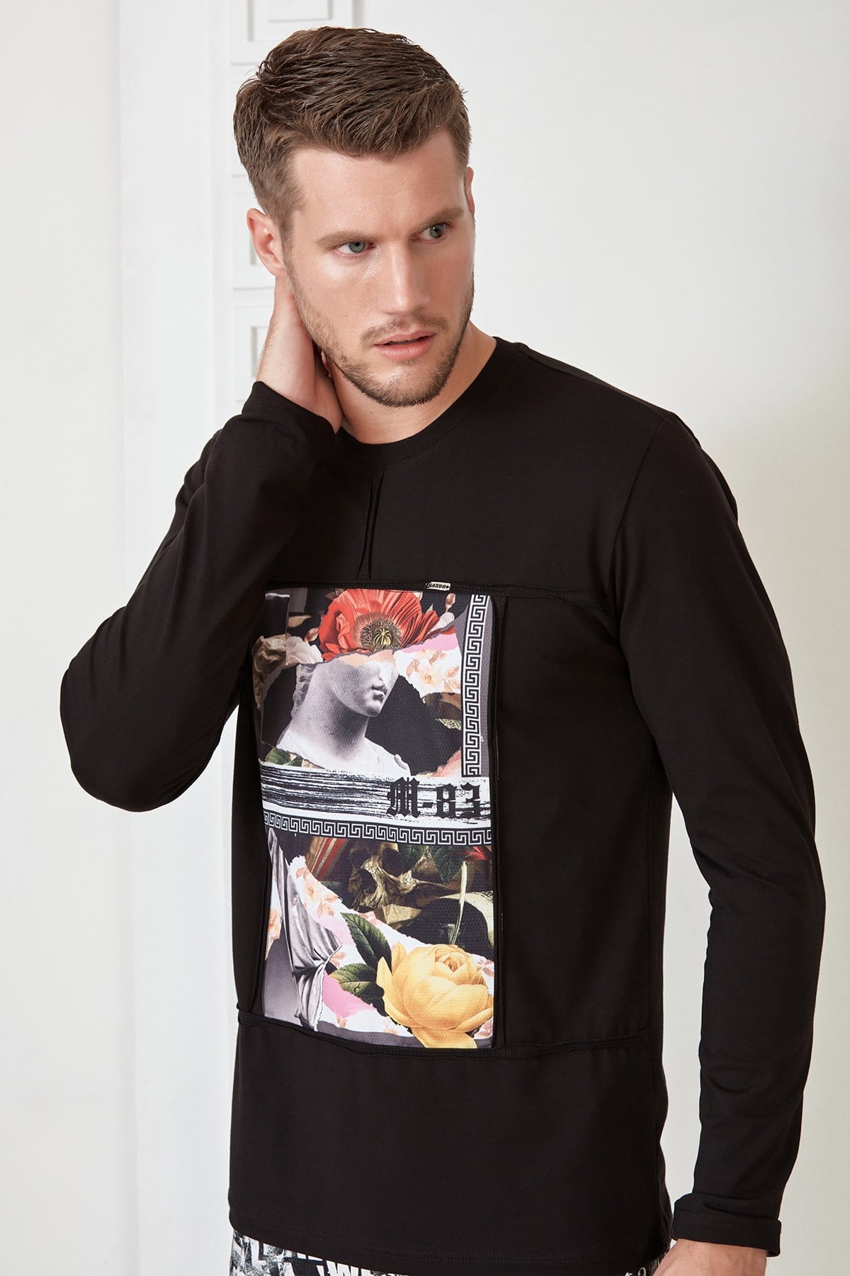 Siyah Baskılı Nervürlü Sweatshirt