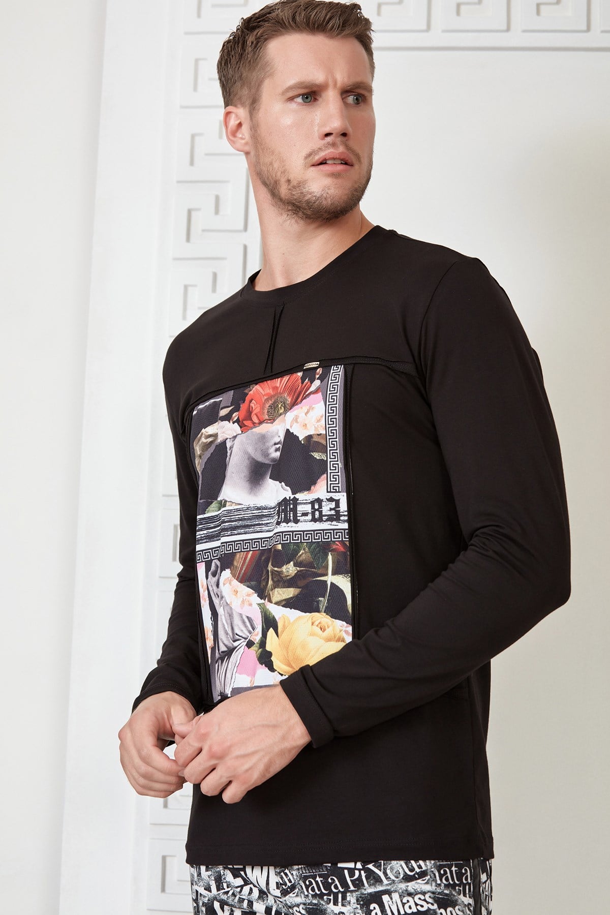 Siyah Baskılı Nervürlü Sweatshirt