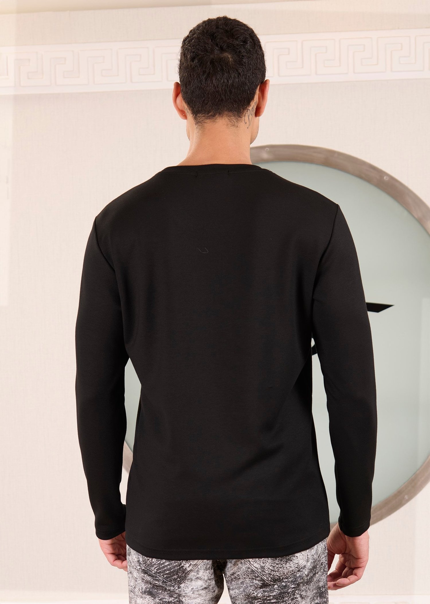 Siyah Bisiklet Yaka Bi-Stretch Garnili İnterlok Sweatshirt