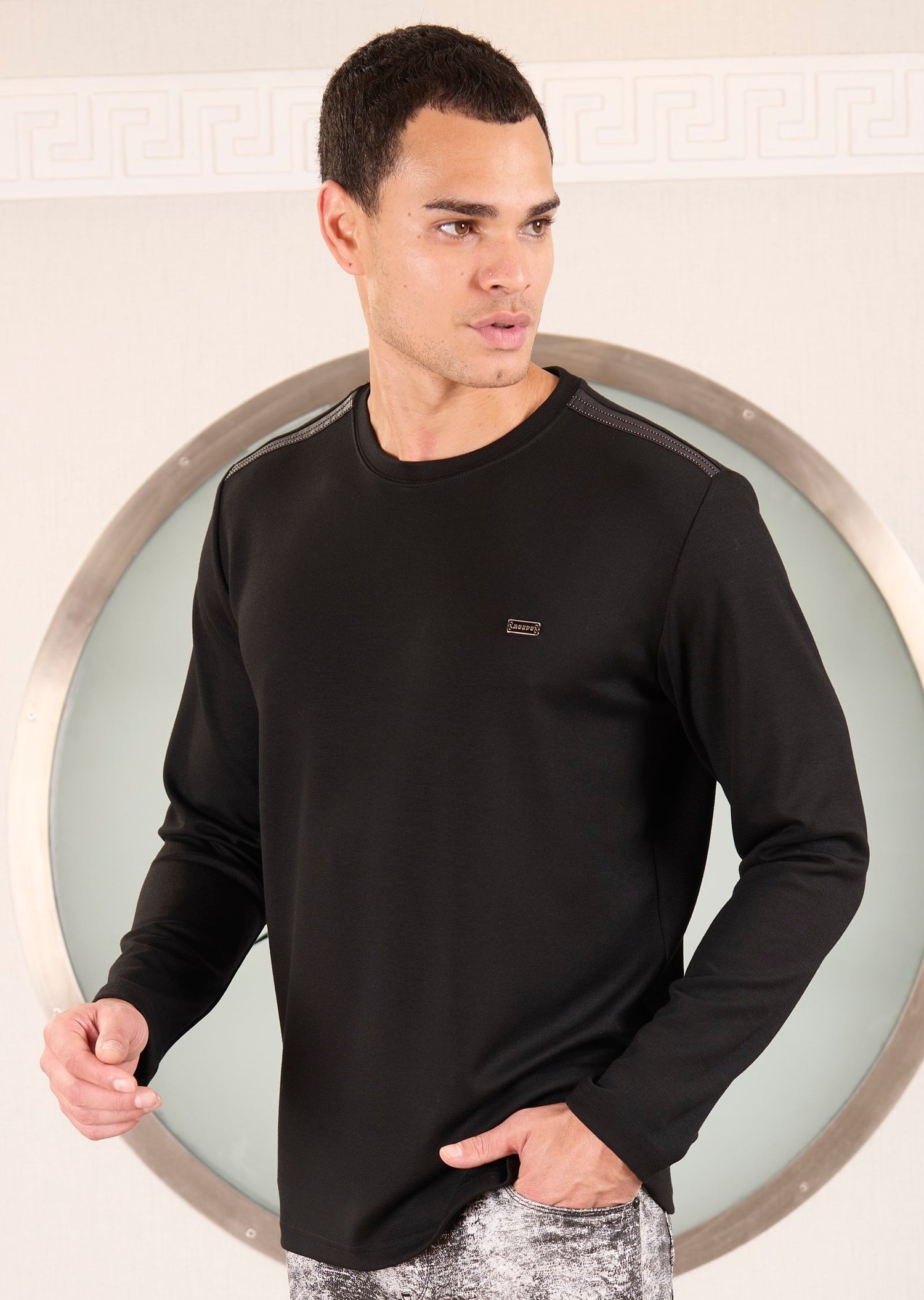 Siyah Bisiklet Yaka Bi-Stretch Garnili İnterlok Sweatshirt