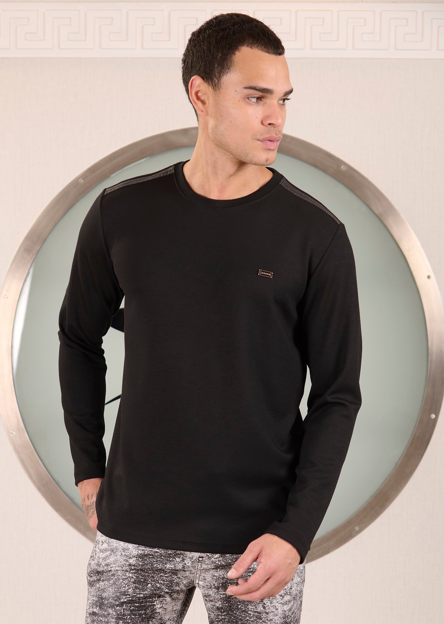 Siyah Bisiklet Yaka Bi-Stretch Garnili İnterlok Sweatshirt