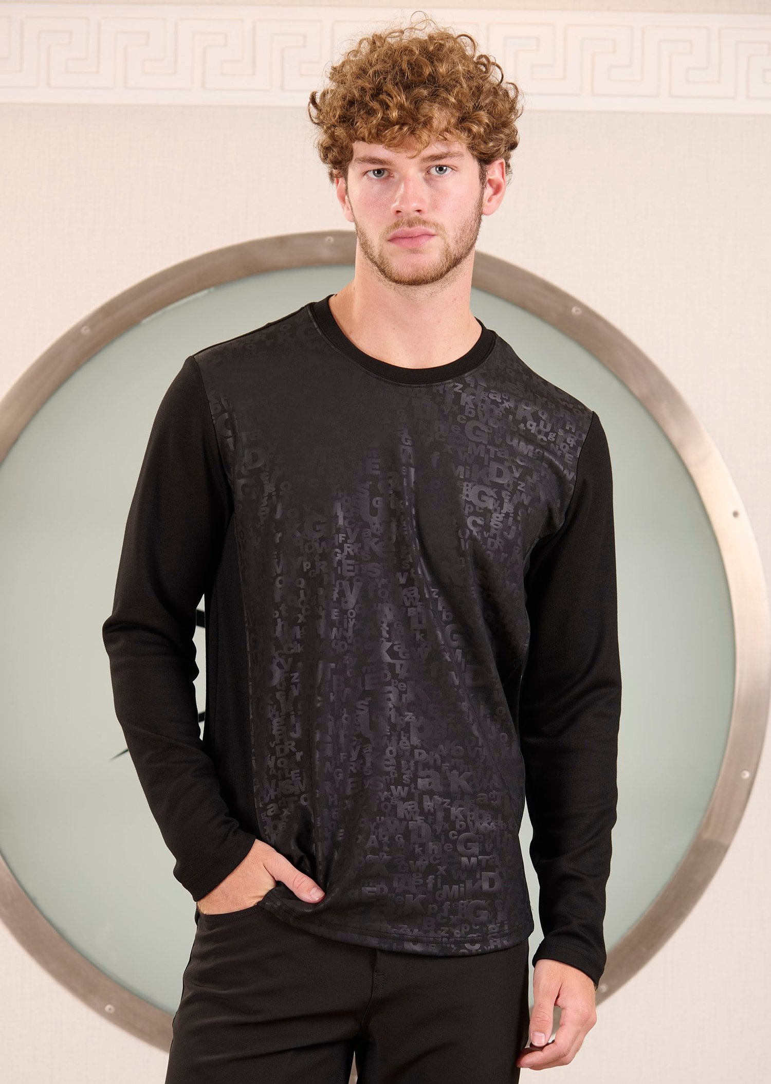 Siyah Bisiklet Yaka Bi-Stretch Harf Baskılı İnterlok Sweatshirt