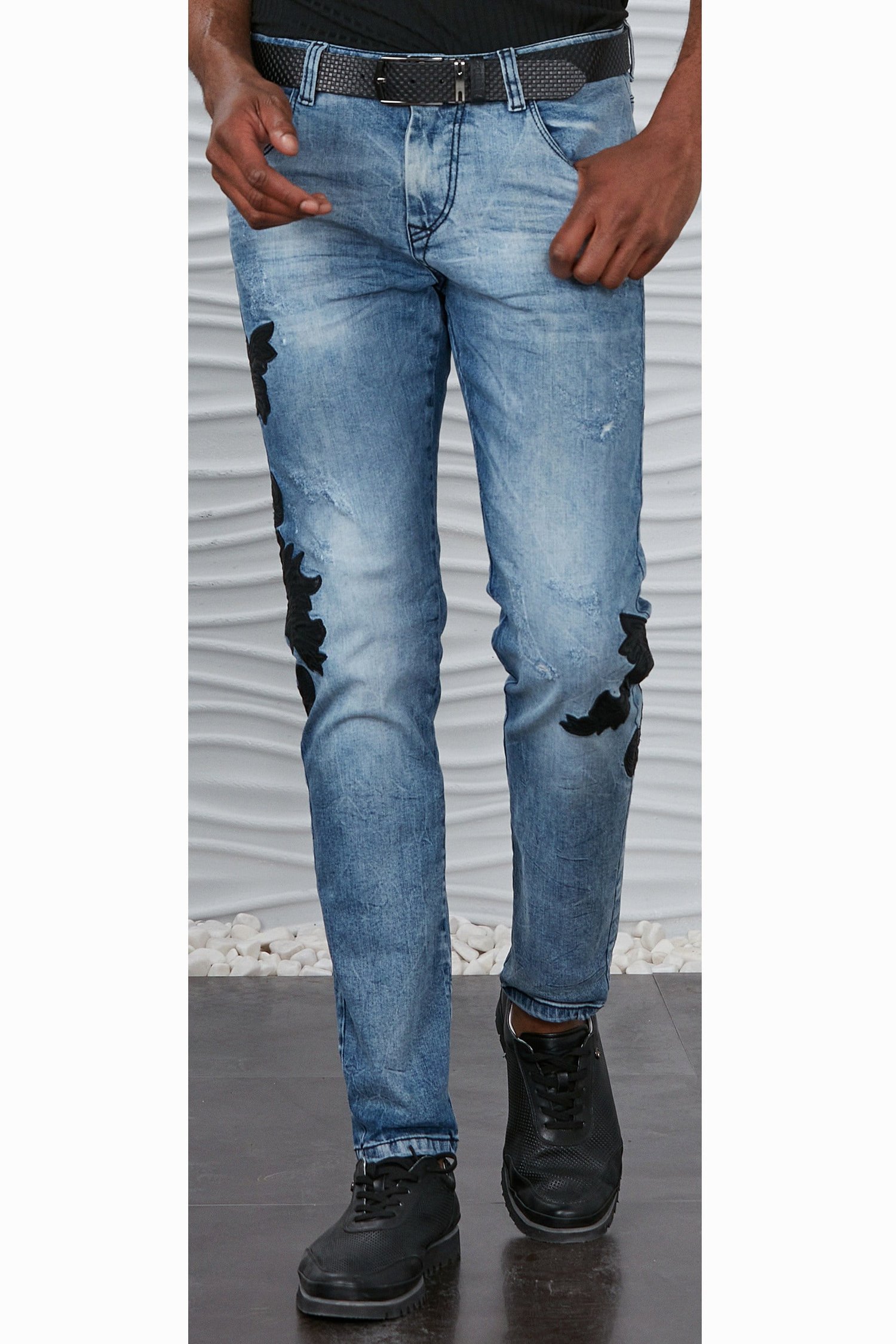 Siyah Deri Motifli Jean Pantolon