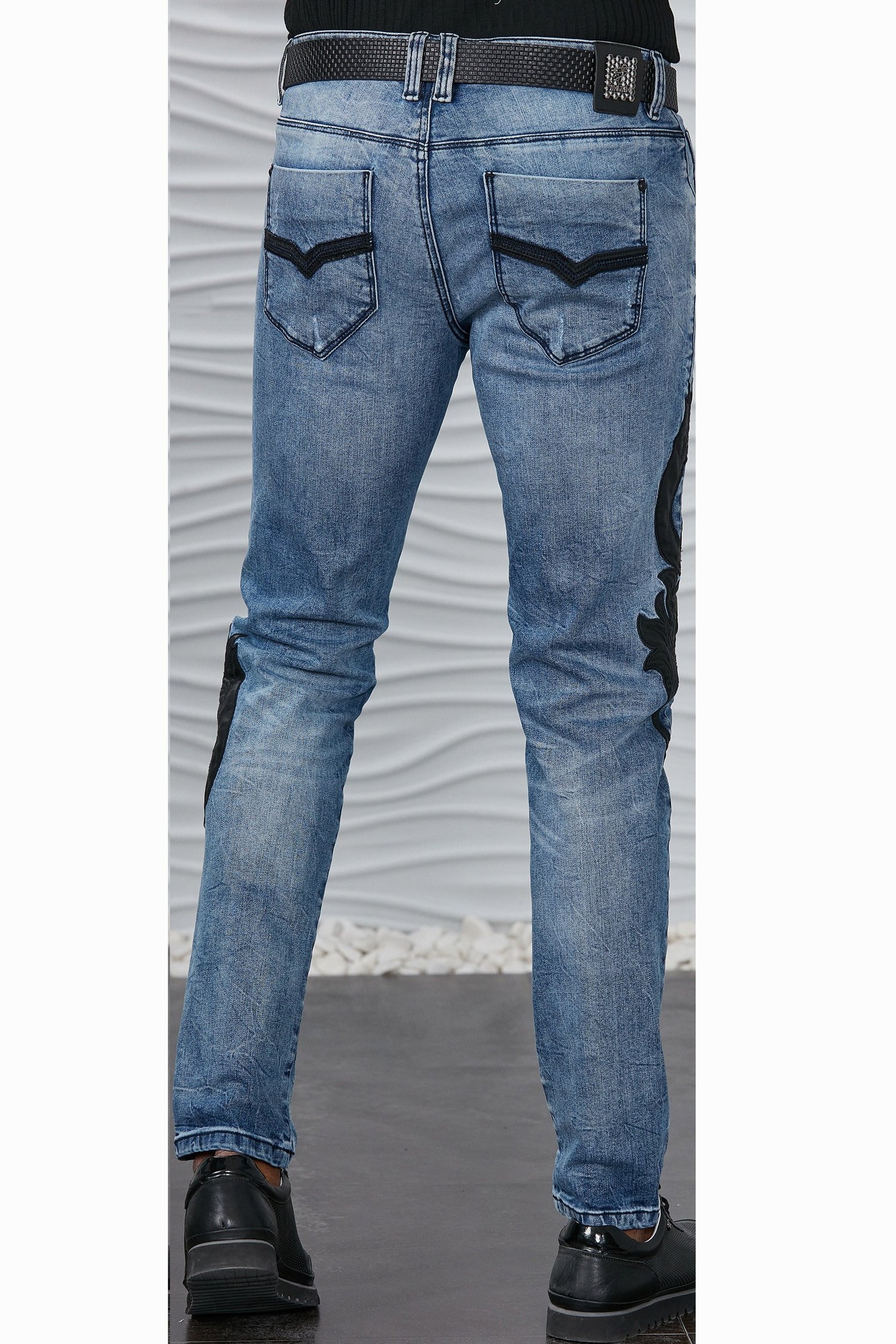 Siyah Deri Motifli Jean Pantolon