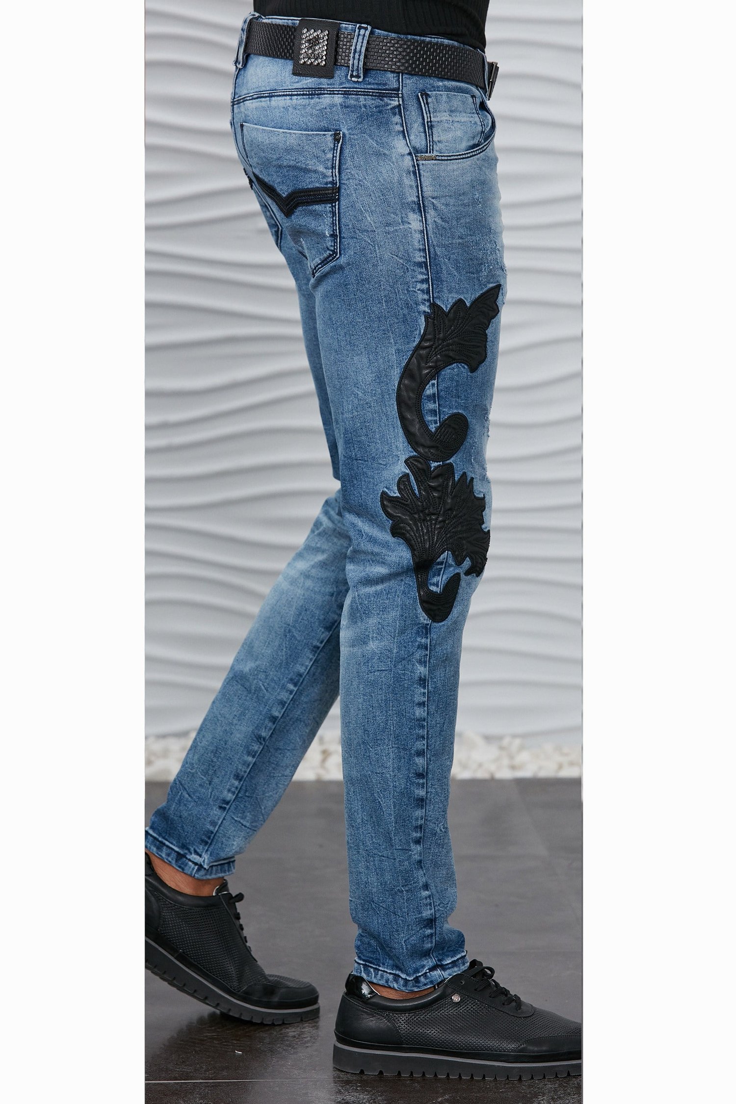 Siyah Deri Motifli Jean Pantolon