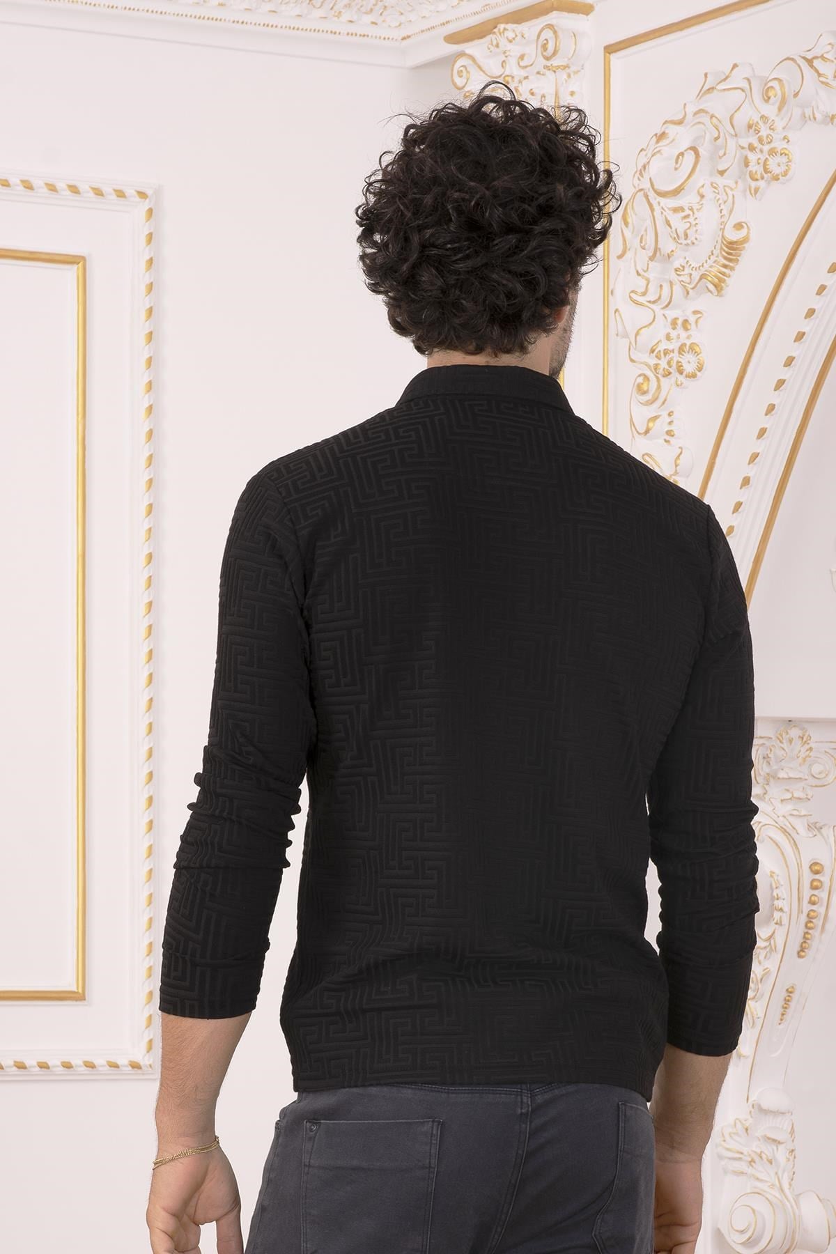 Siyah Desenli Polo Yaka Sweatshirt