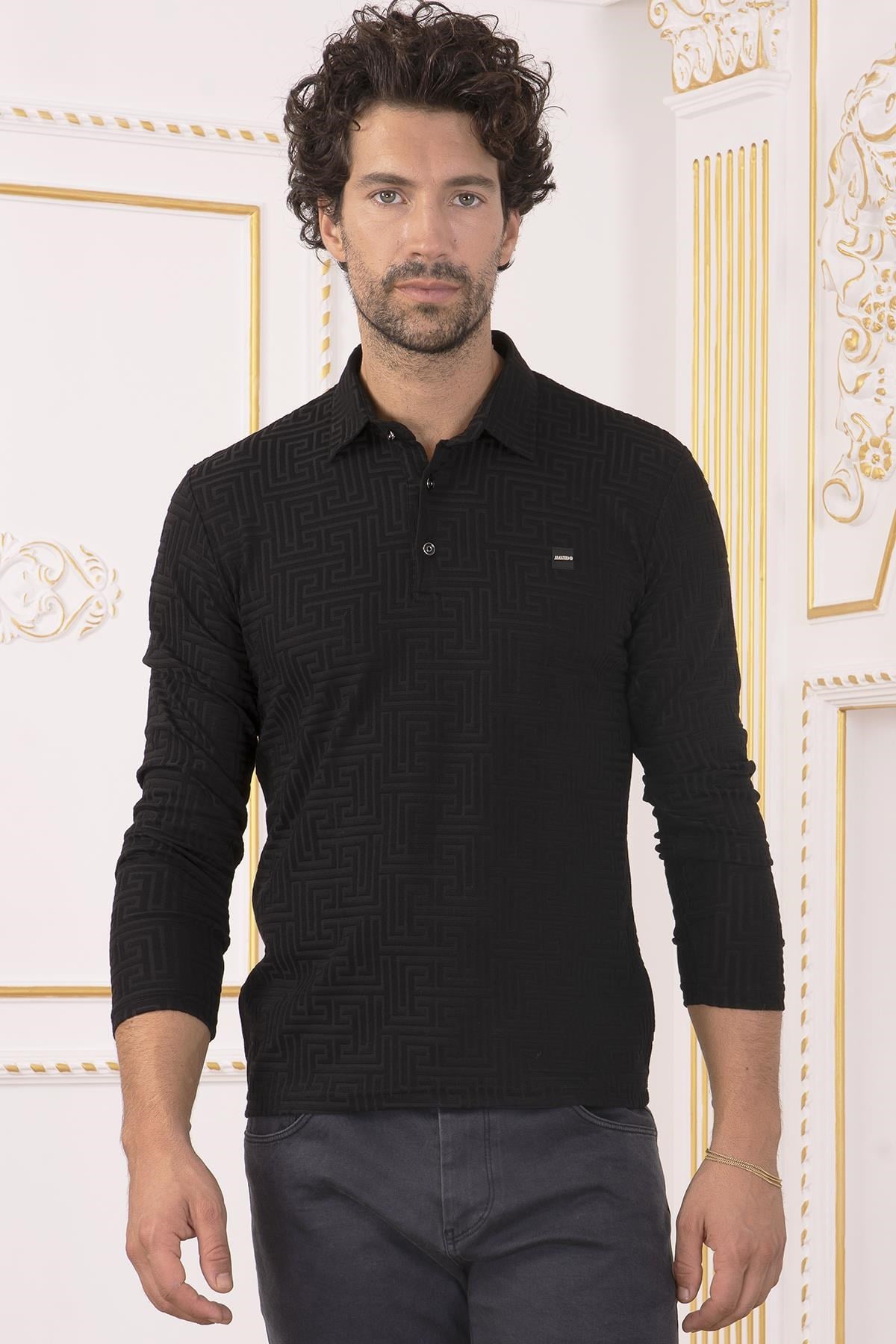 Siyah Desenli Polo Yaka Sweatshirt