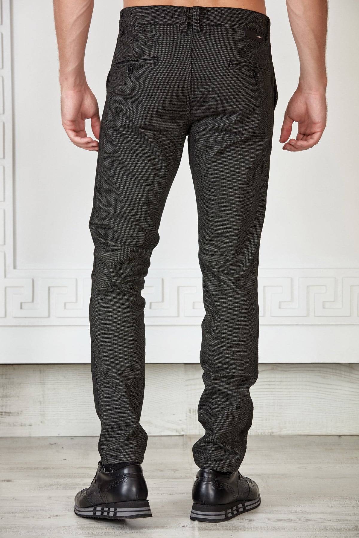 Siyah Desenli Yanı Şeritli Slim Fit Pantolon
