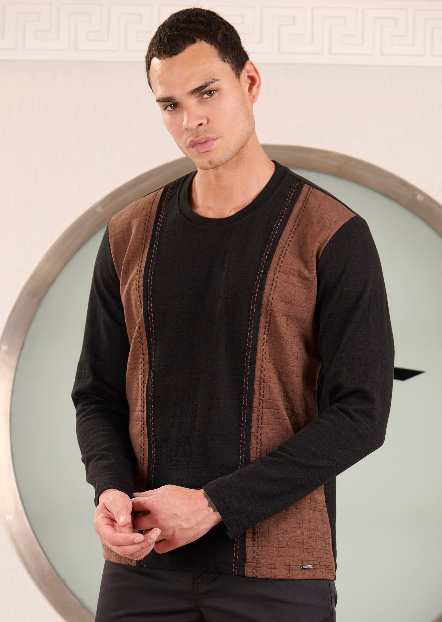 Siyah Kahve Dikiş Detaylı Pamuklu Jakarlı Sweatshirt