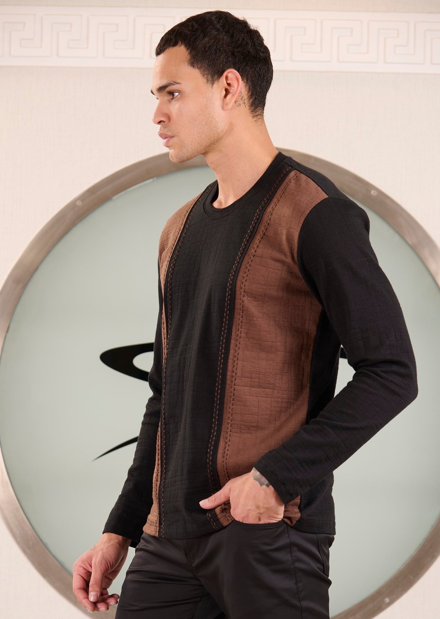 Siyah Kahve Dikiş Detaylı Pamuklu Jakarlı Sweatshirt