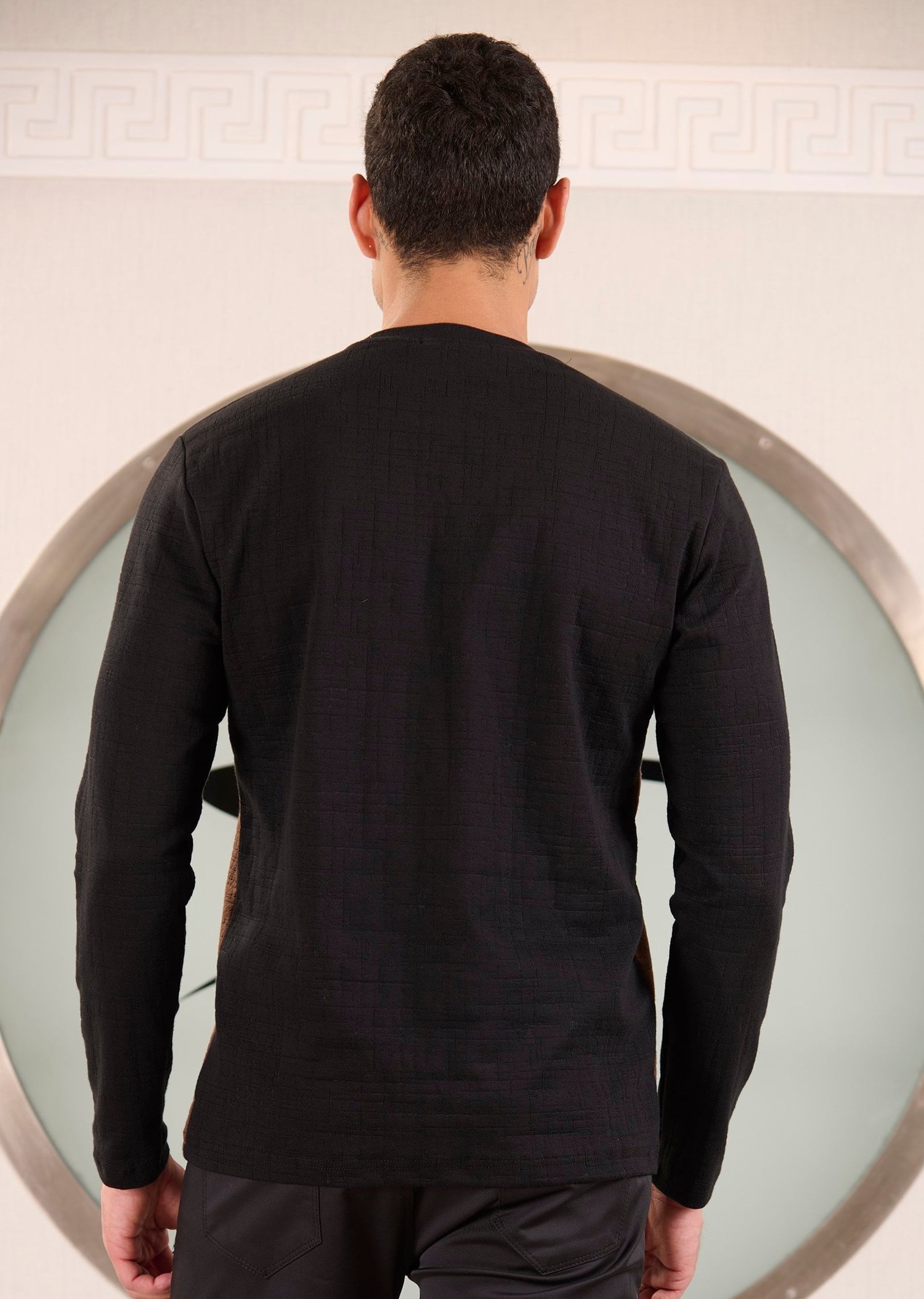 Siyah Kahve Dikiş Detaylı Pamuklu Jakarlı Sweatshirt