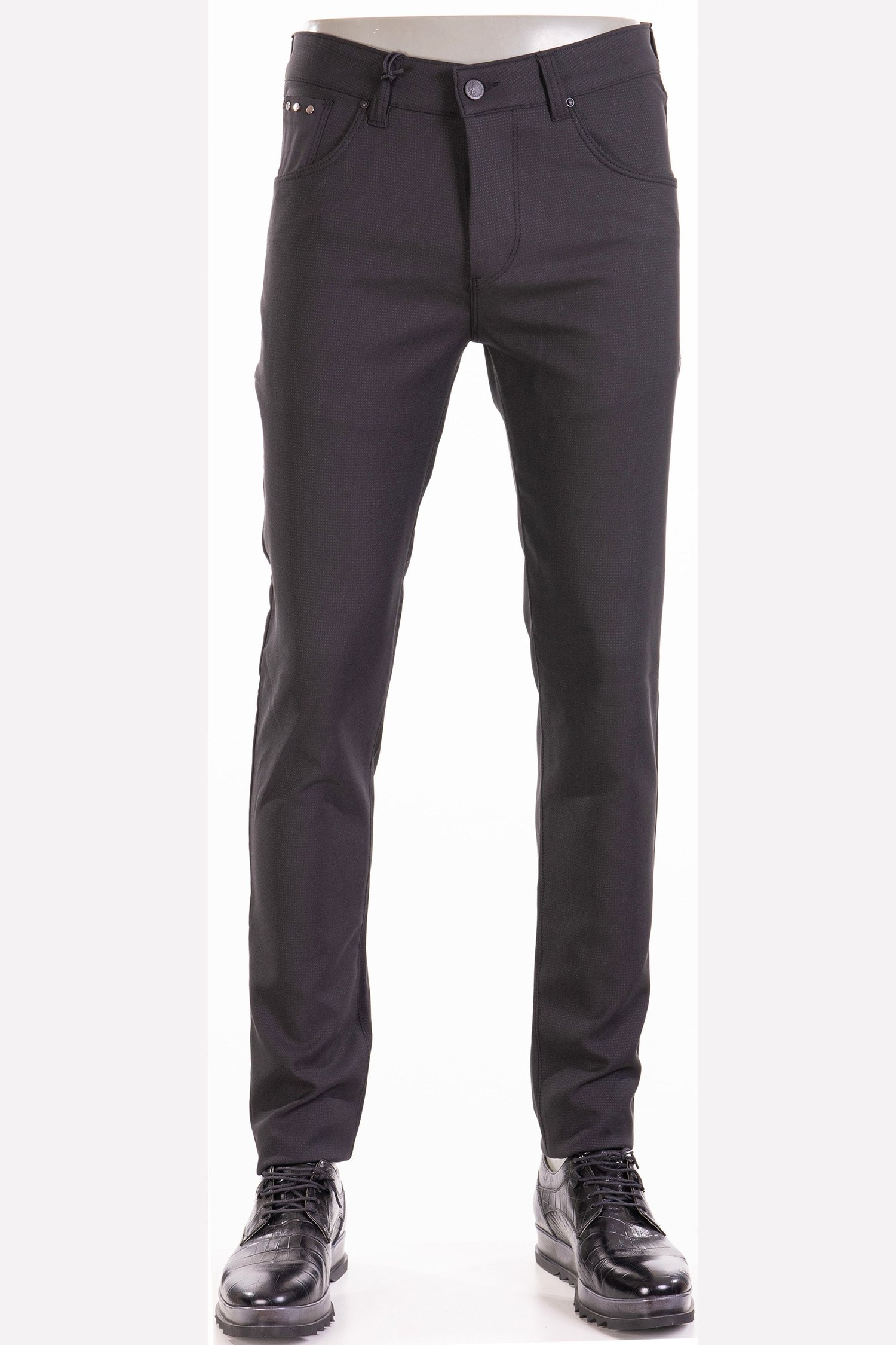 Siyah Mini Kareli Metal Cep Detaylı Klasik Pantolon