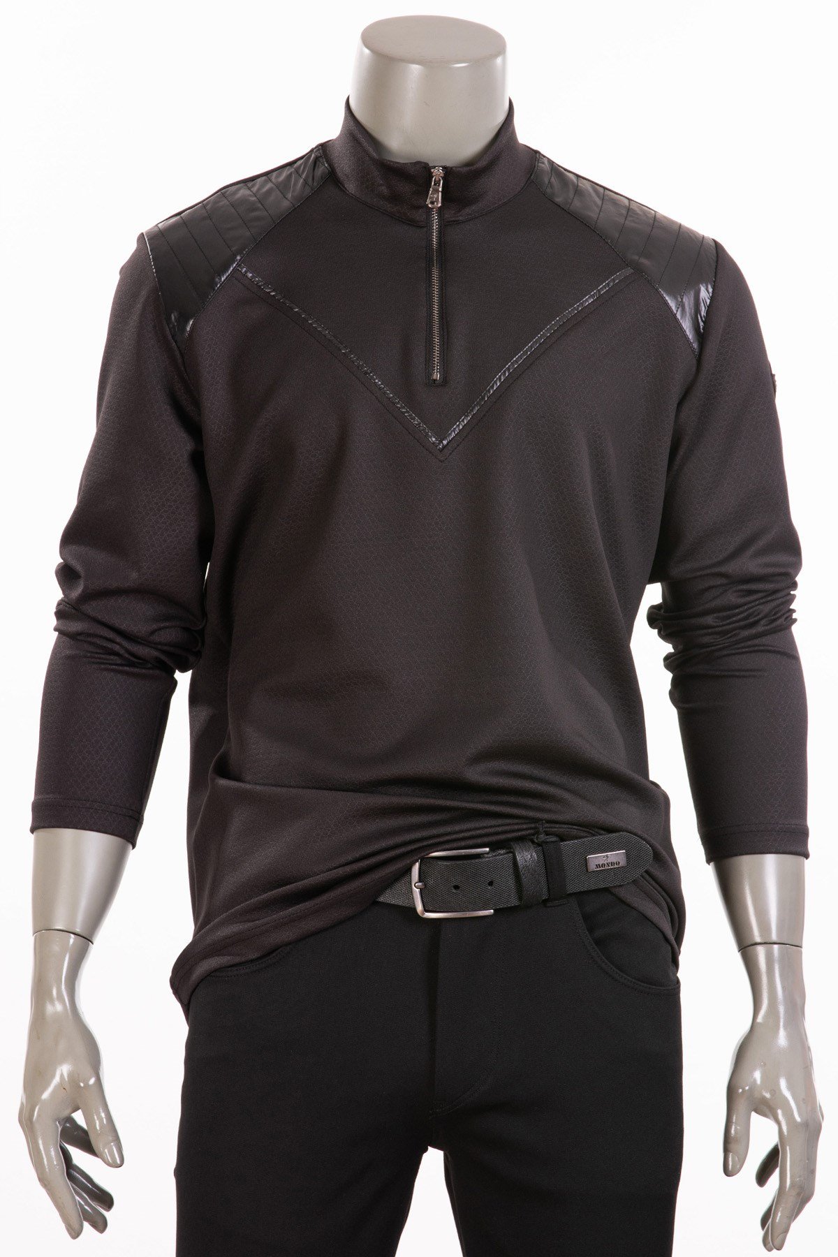 Siyah Petek Dokulu Omuzları Rugan Detaylı Fermuarlı Sweatshirt