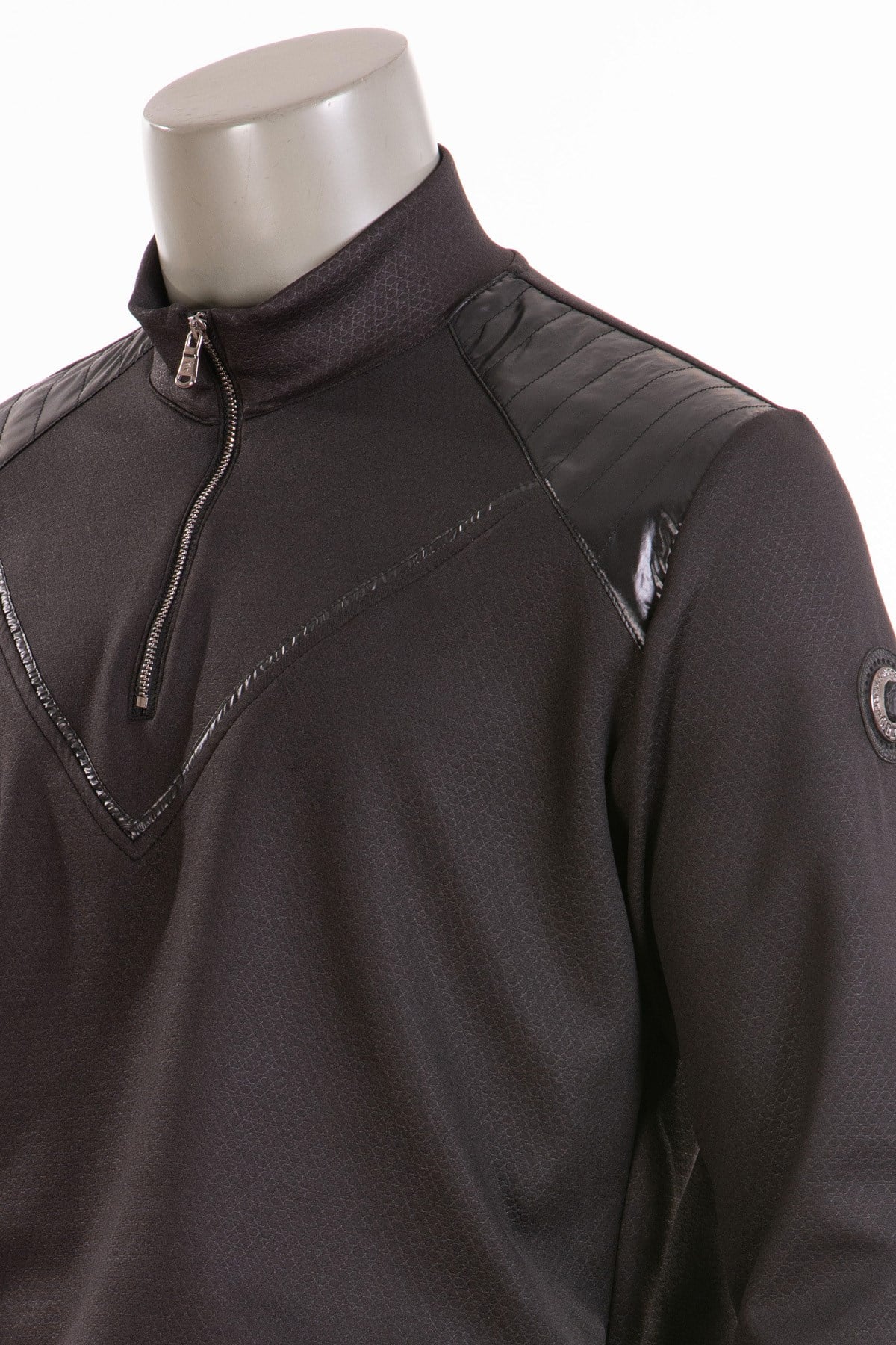 Siyah Petek Dokulu Omuzları Rugan Detaylı Fermuarlı Sweatshirt