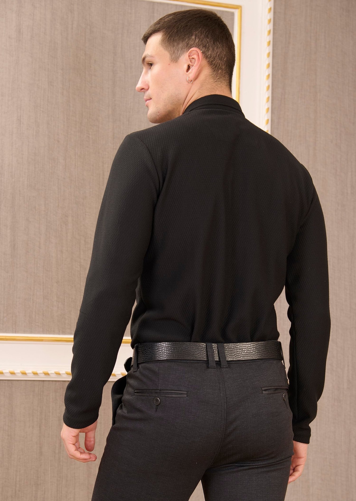 Siyah Petek Dokulu Pamuklu Jakarlı Sweatshirt
