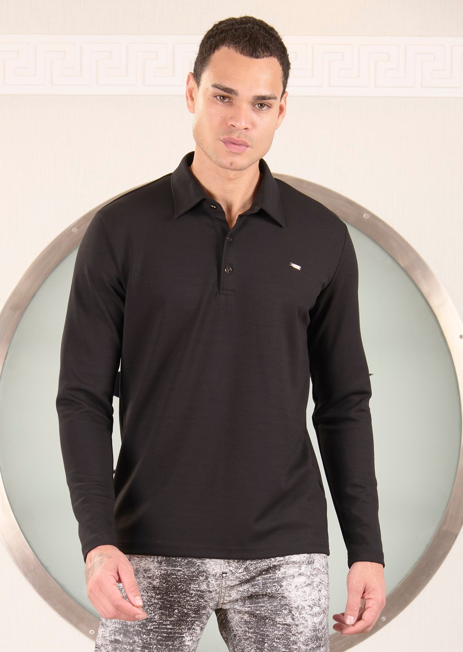 Siyah Polo Yaka Bi Stretch İnterlok Sweatshirt