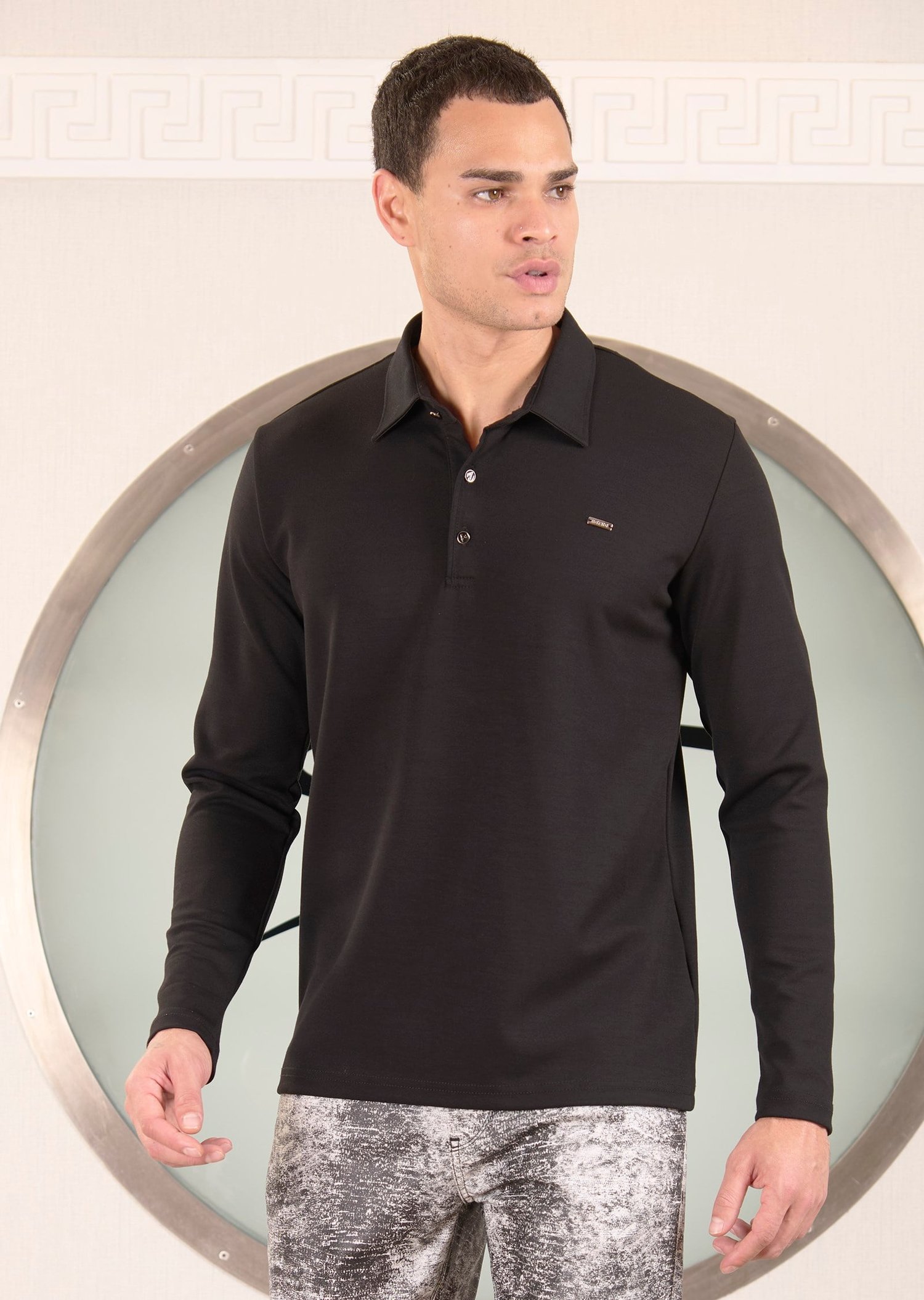 Siyah Polo Yaka Bi Stretch İnterlok Sweatshirt