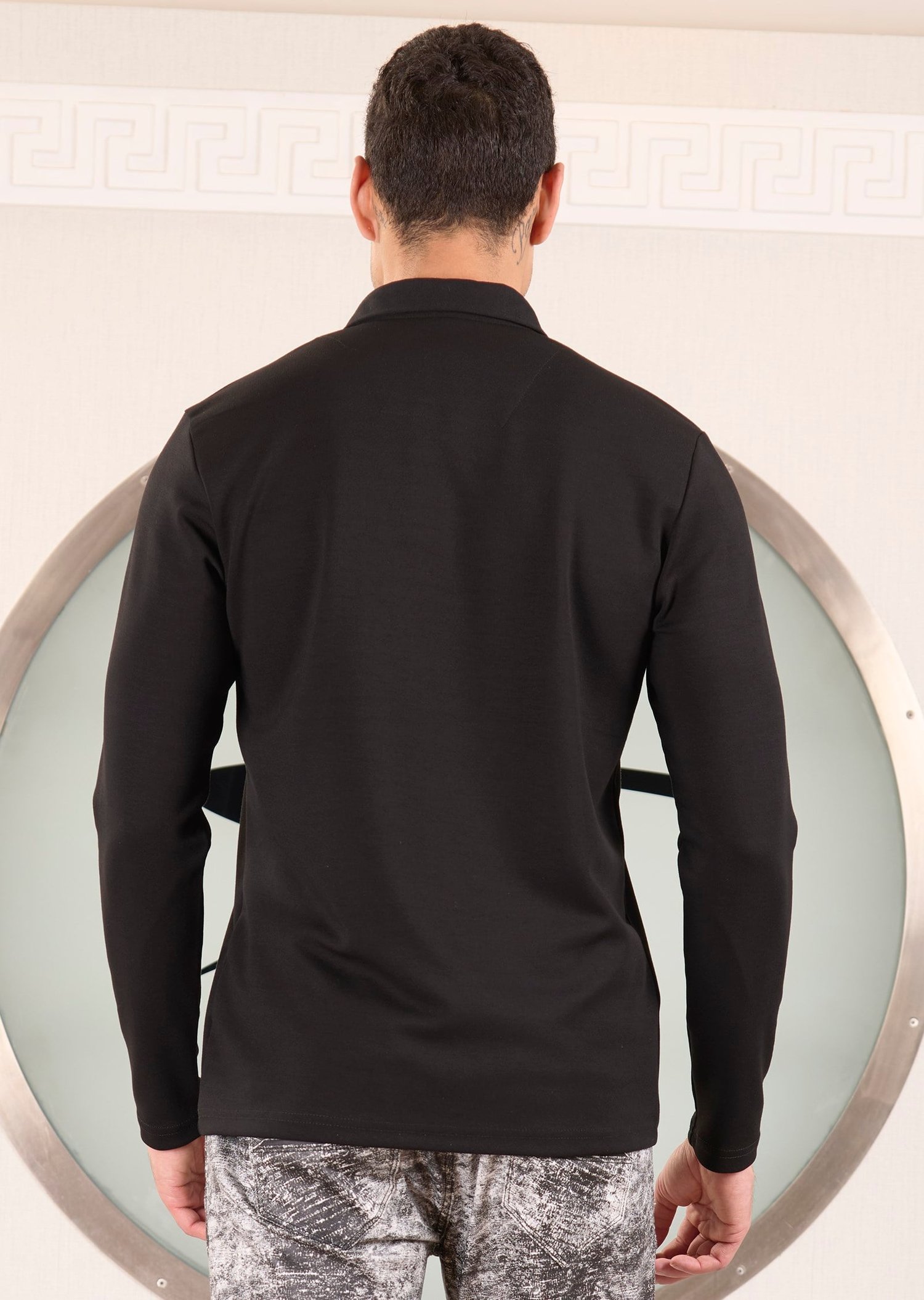 Siyah Polo Yaka Bi Stretch İnterlok Sweatshirt