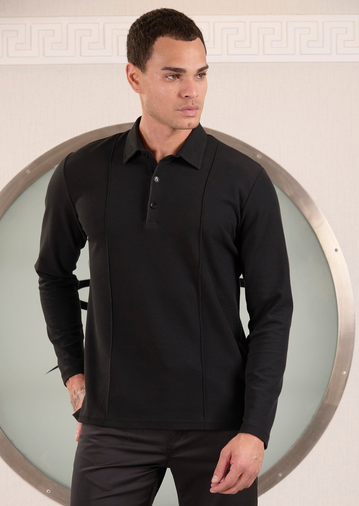 Siyah Polo Yaka Nervürlü Örme Sweatshirt