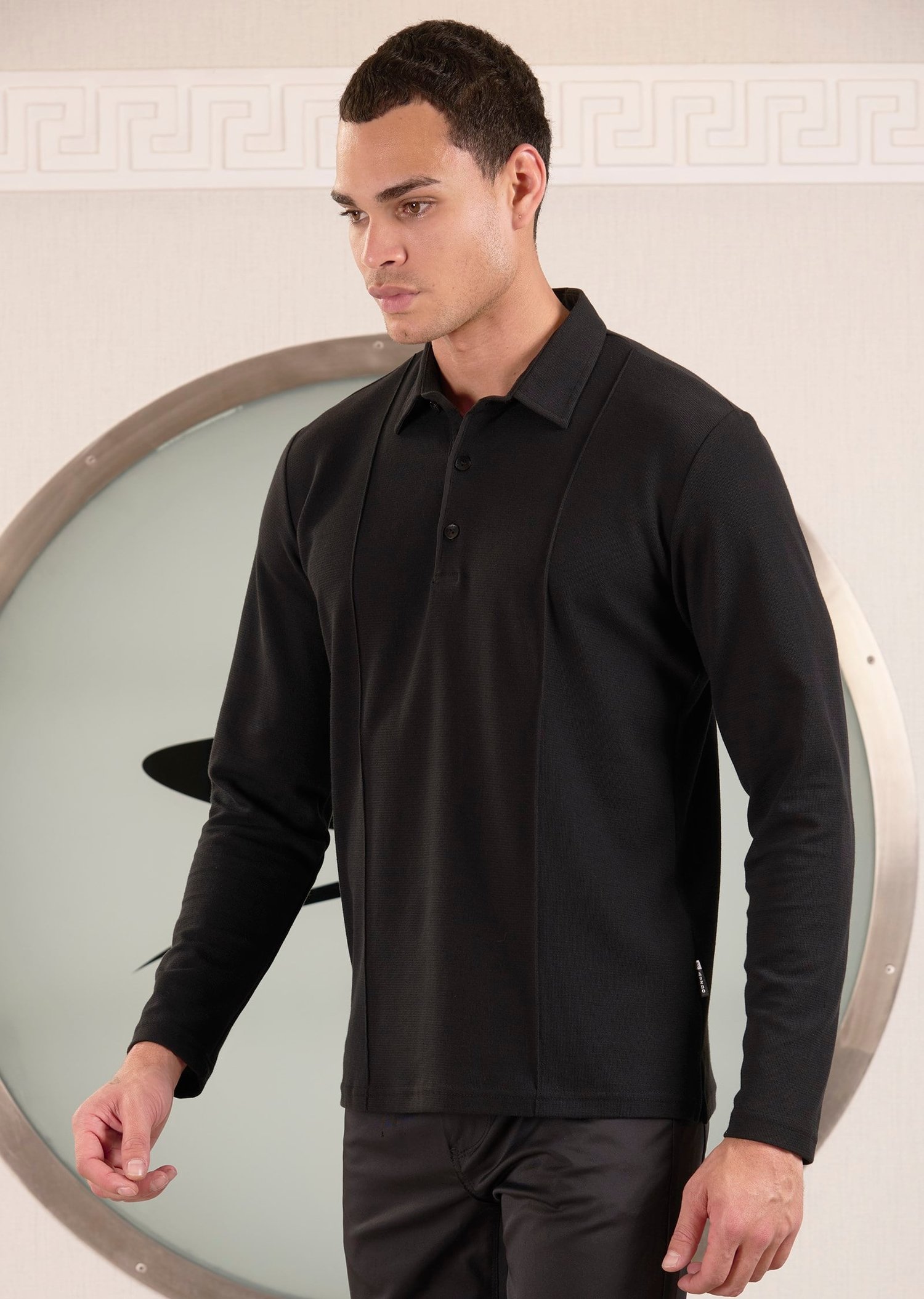Siyah Polo Yaka Nervürlü Örme Sweatshirt