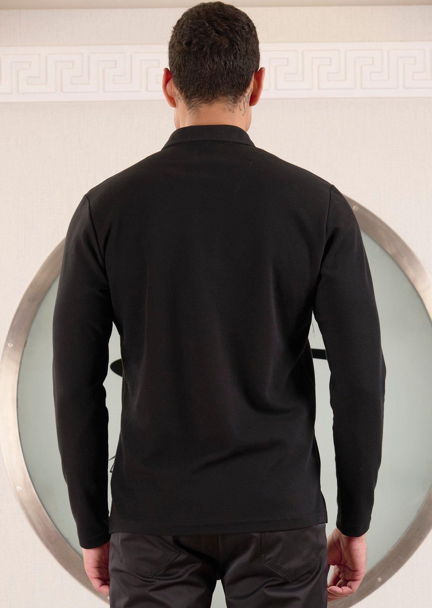 Siyah Polo Yaka Nervürlü Örme Sweatshirt