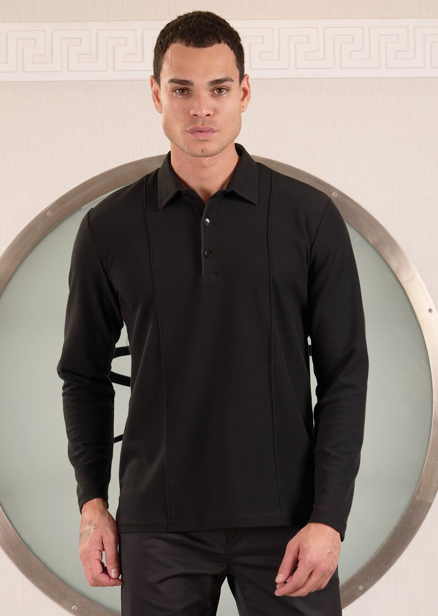 Siyah Polo Yaka Nervürlü Örme Sweatshirt
