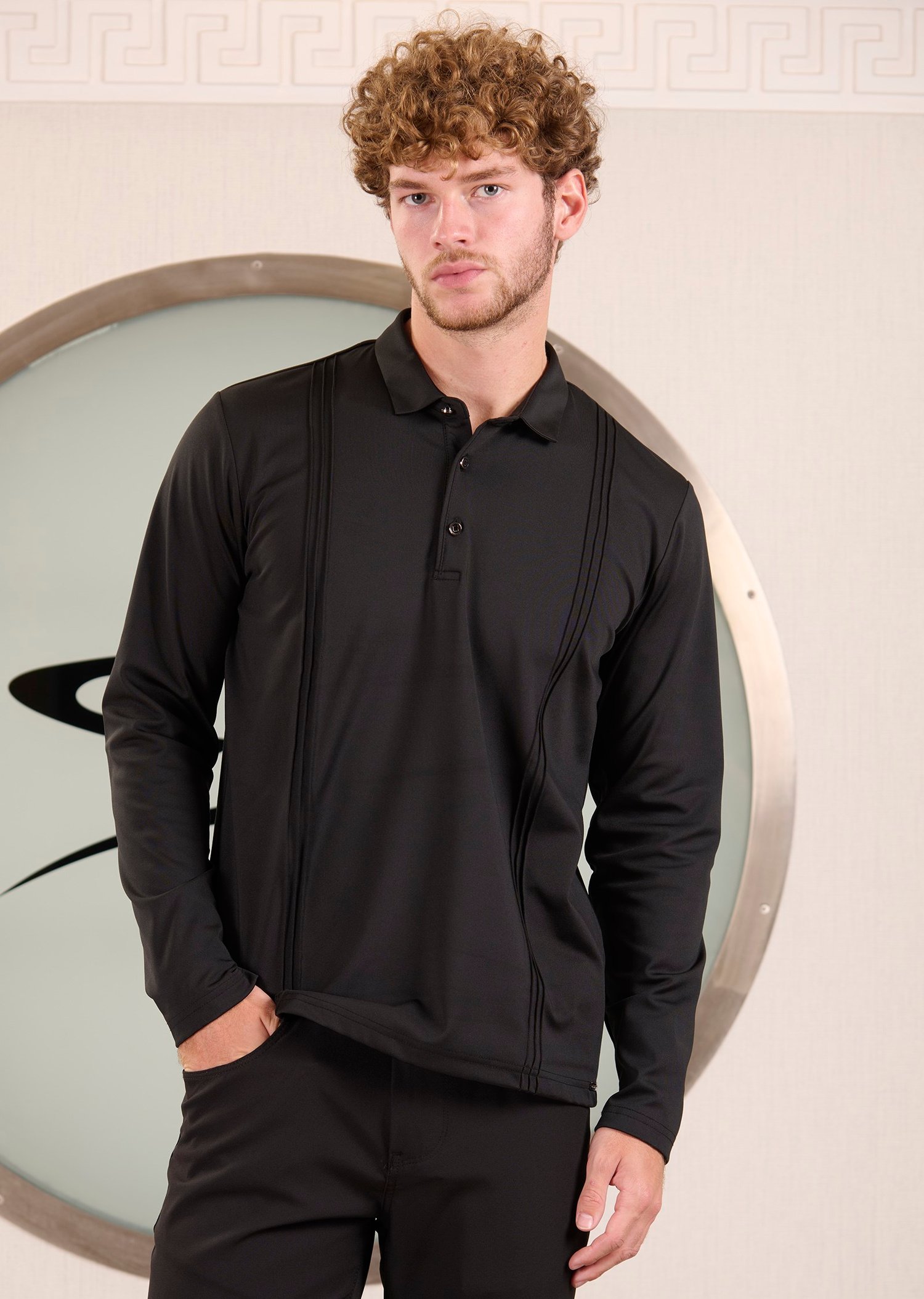 Siyah Polo Yaka Nervürlü Şardonlu Dalgıç Sweatshirt