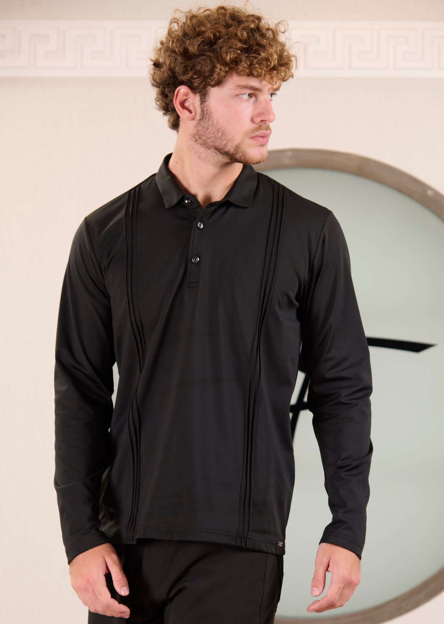Siyah Polo Yaka Nervürlü Şardonlu Dalgıç Sweatshirt
