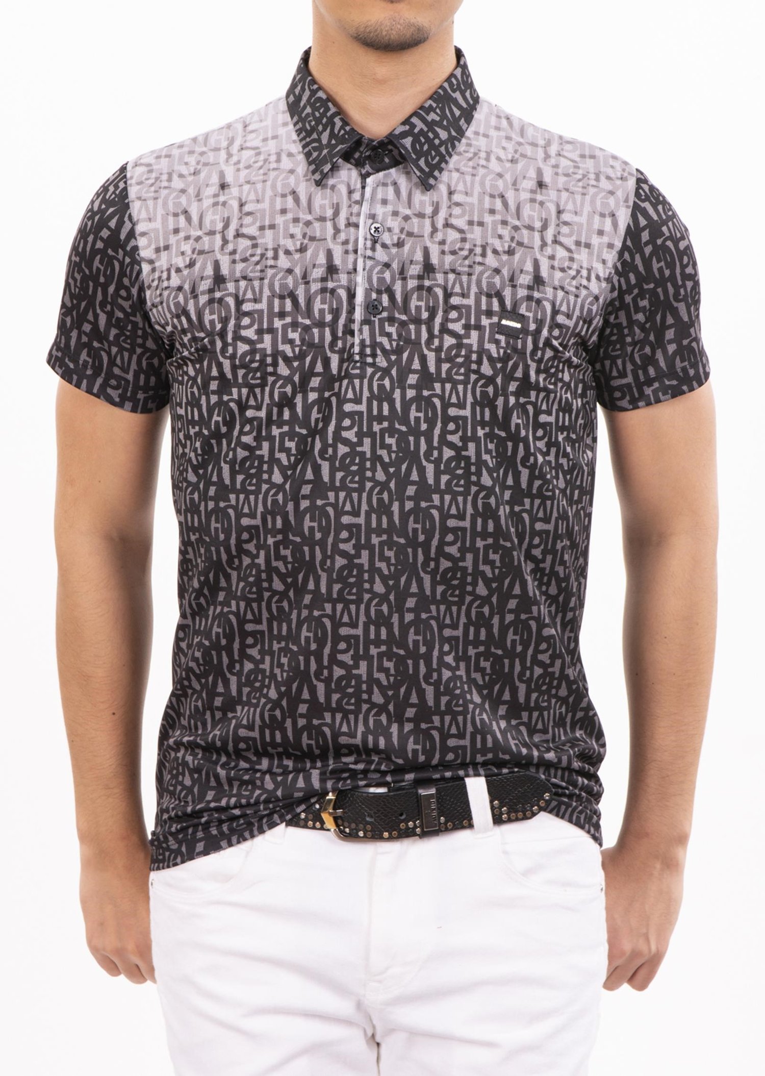 Siyah Renk Geçişli Harf Desenli Polo Yaka T-Shirt